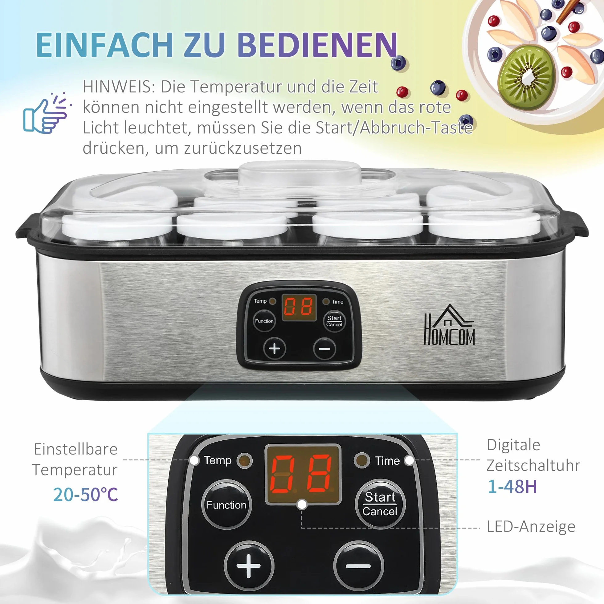HOMCOM Jogurtownica Cyfrowa 8 Słoików 180 ml Stal Nierdzewna Szkło Srebrna 36x18,8x14 cm
