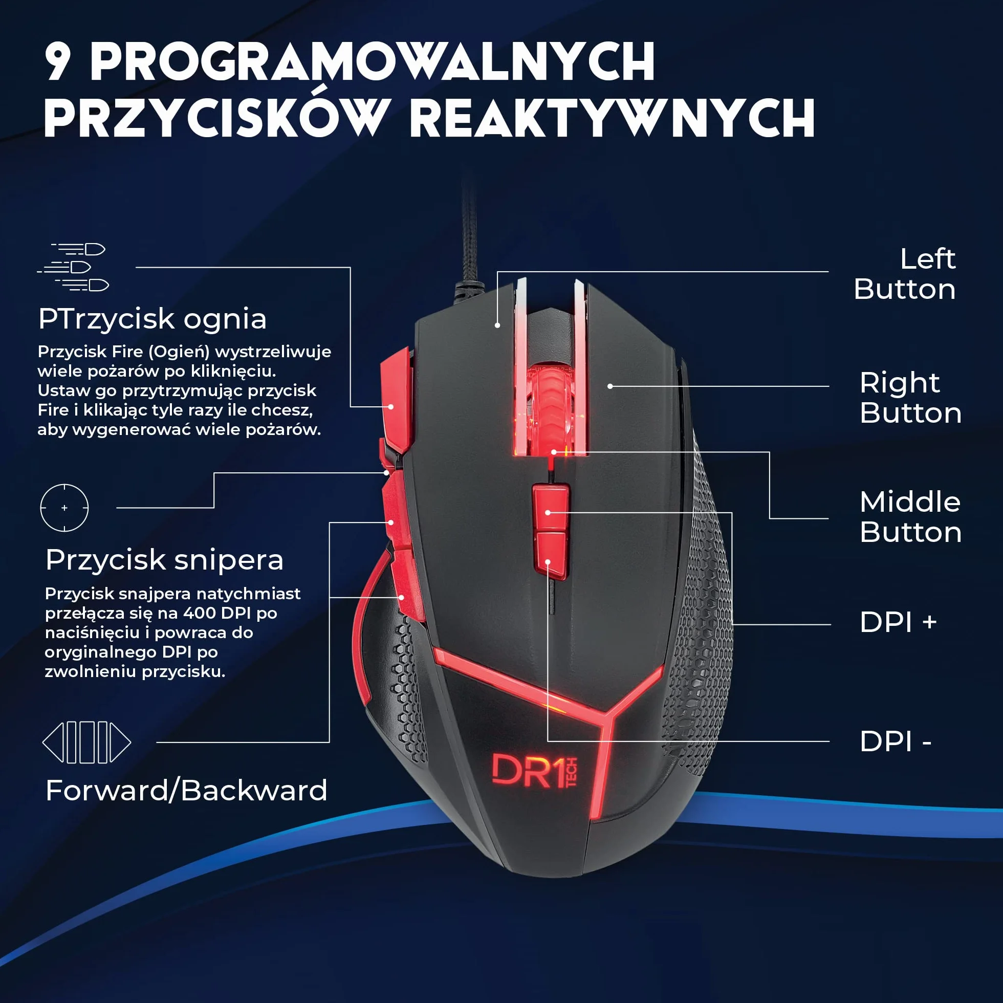 DR1TECH Hunter Profesjonalna Mysz Do Gier Z Odporną Tkaniną [5 Wymiennych Ciężarków + TRIPLE FIRE] - 9 Programowalnych Przycisków Do 4200 DPI - Ergonomiczna Mysz Do Gier Dla PC/PS4