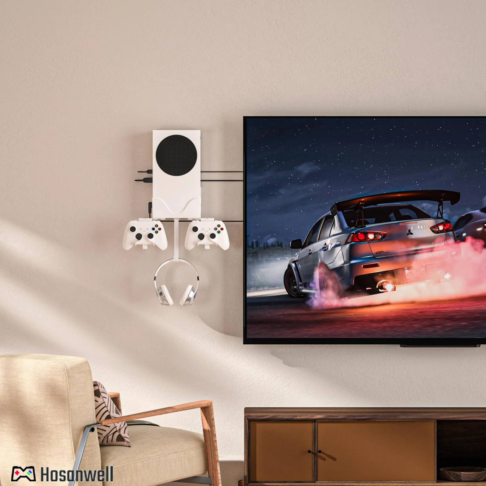Uchwyt ścienny Xbox Series S Zestaw do kontrolera, konsoli i kasków, solidny uchwyt z matą antypoślizgową, nacięcie ładowania kabla USB, łatwa instalacja