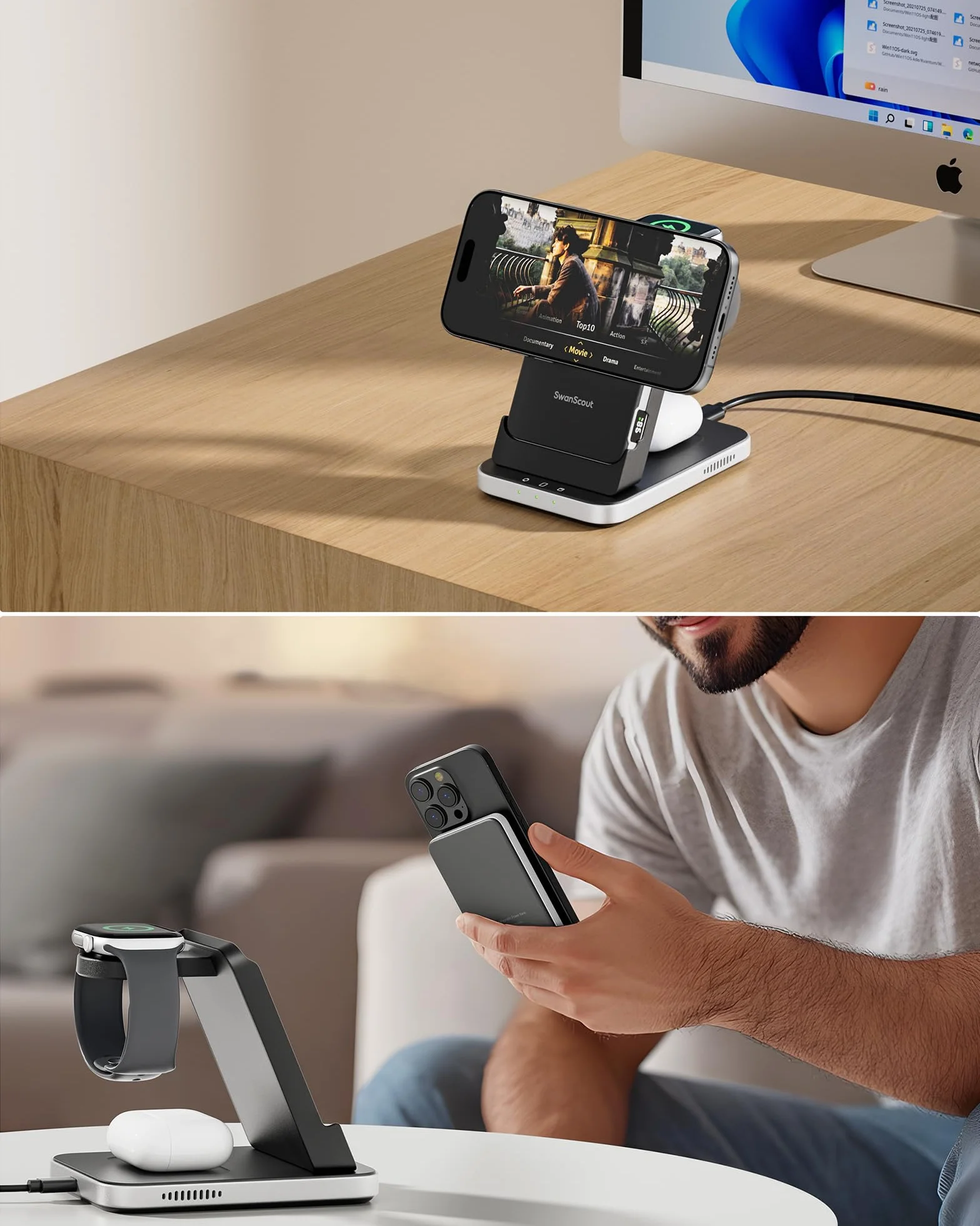 SwanScout Stacja ładująca do iPhone, 5000mAh Power Bank Kompatybilny z MagSafe, 3 w 1 Bezprzewodowa ładowarka do iPhone Air/17/16/15/14/13/12, Indukcyjna Wireless Charger dla Apple Watch/Airpods