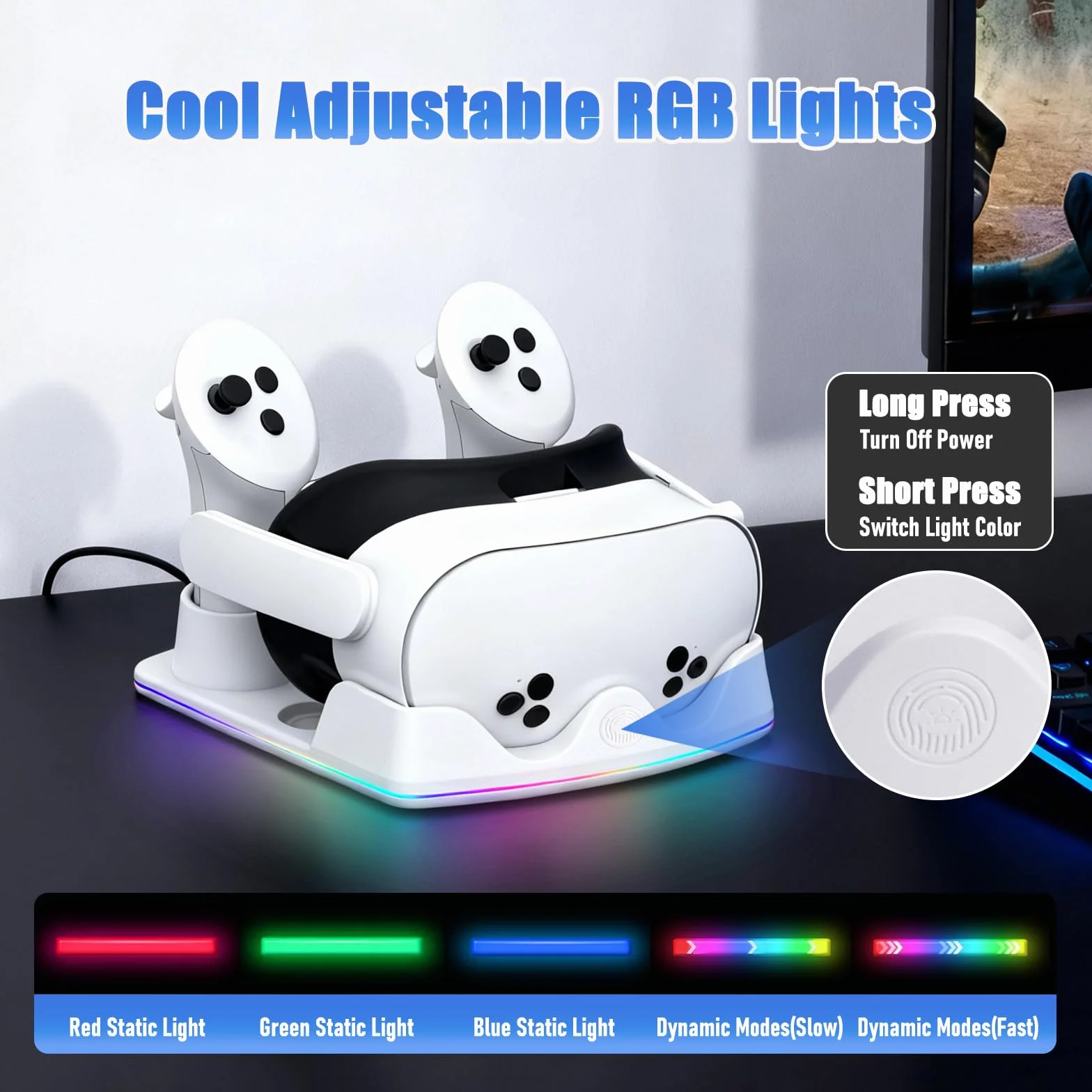 Stacja ładująca kompatybilna z Meta Quest 2/3/3S, stacja dokująca do szybkiego ładowania z oświetleniem RGB do kontrolera, ładowarka z USB C szybkie ładowanie do zestawu słuchawkowego VR i
