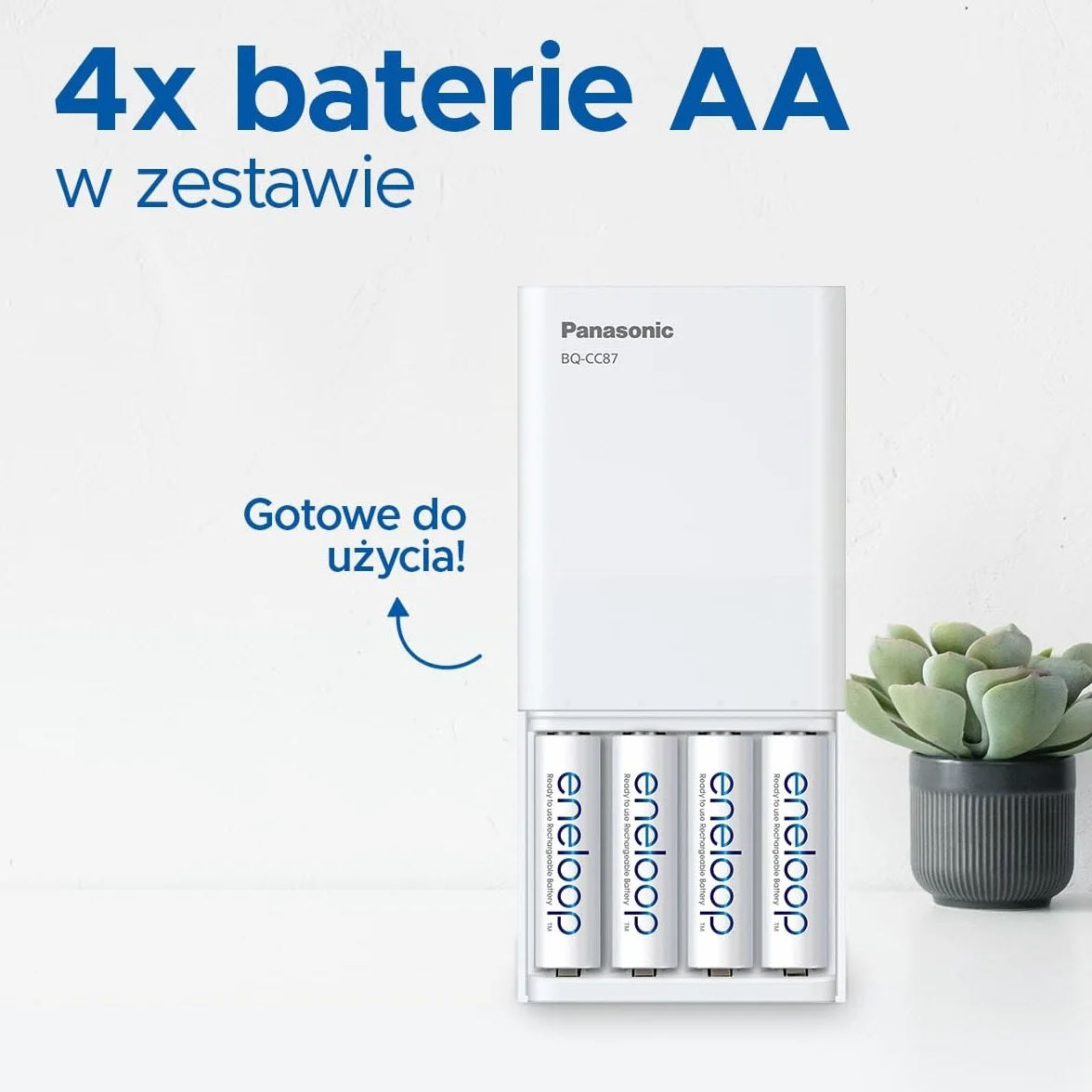 Ładowarka Panasonic eneloop SmartPlus USB Travel do 1–4 akumulatorów AA/AAA Ni-MH z wyjściem USB i 10 funkcjami bezpieczeństwa, w zestawie z 4 akumulatorami eneloop AA/Mignon, min. 2000 mAh