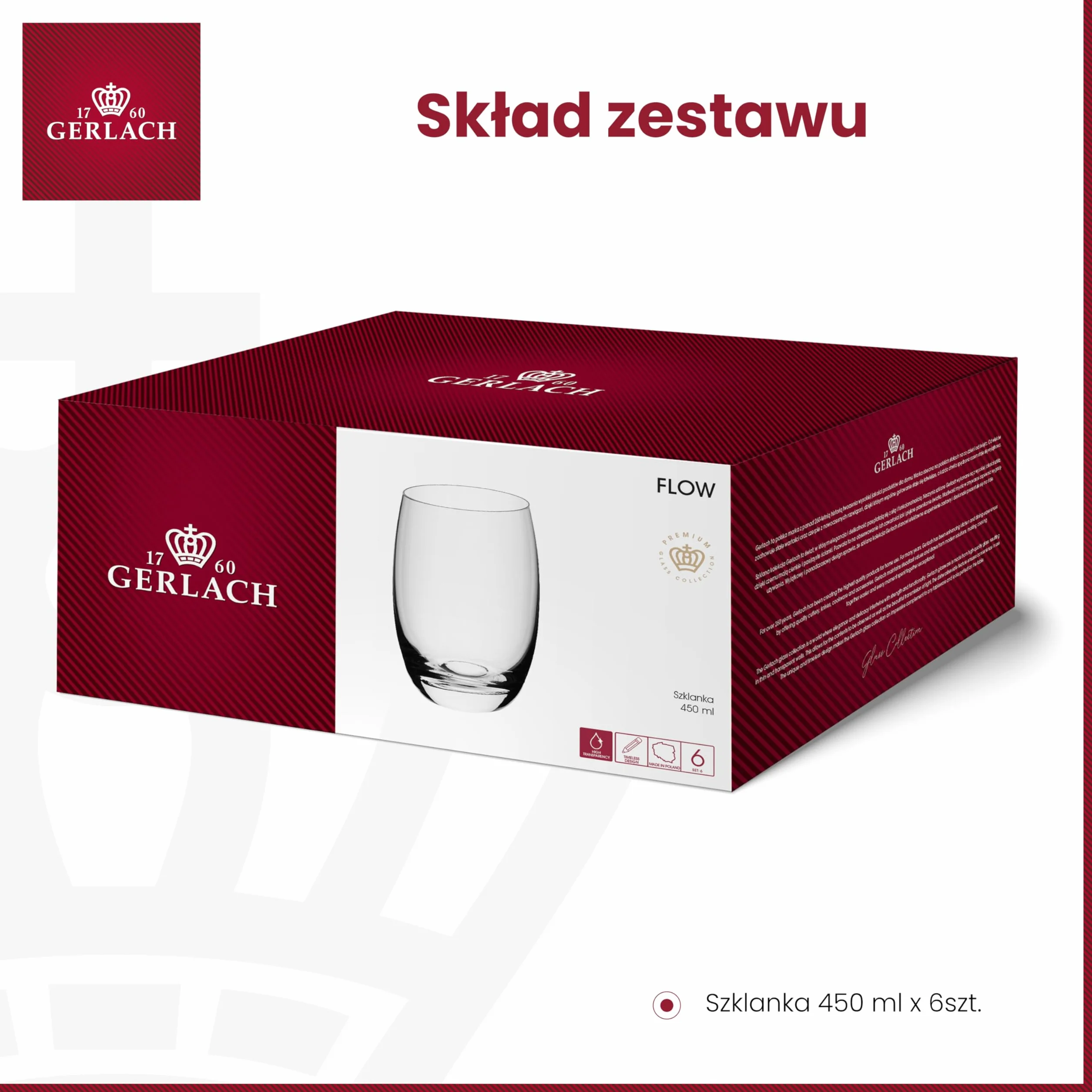 Gerlach 1760 Zestaw 6 Szklanek Flow 450 ml Przezroczyste