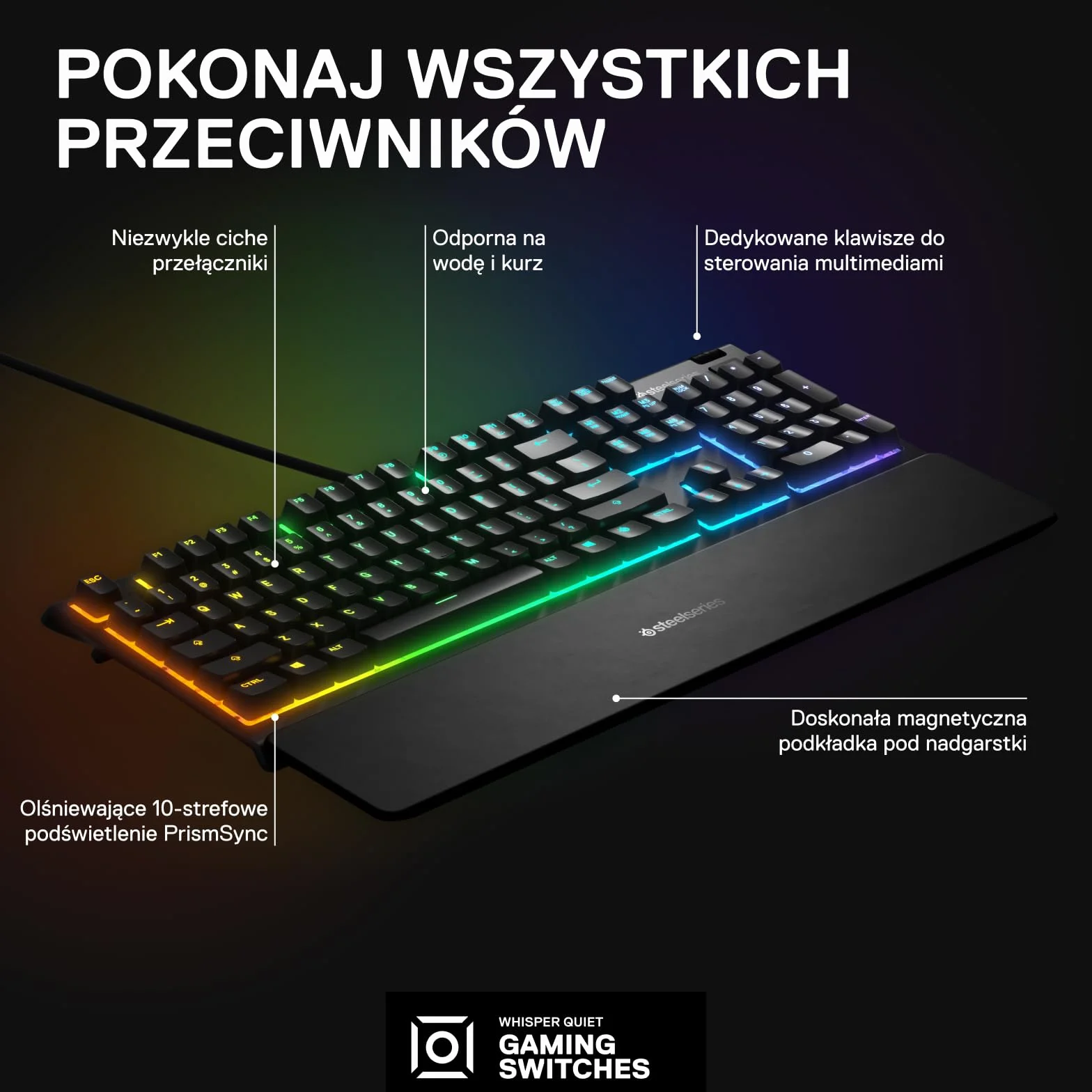 SteelSeries Apex 3 – klawiatura gamingowa – 10-strefowe oświetlenie RGB – magnetyczna podkładka pod nadgarstki – układ niemiecki (QWERTZ)