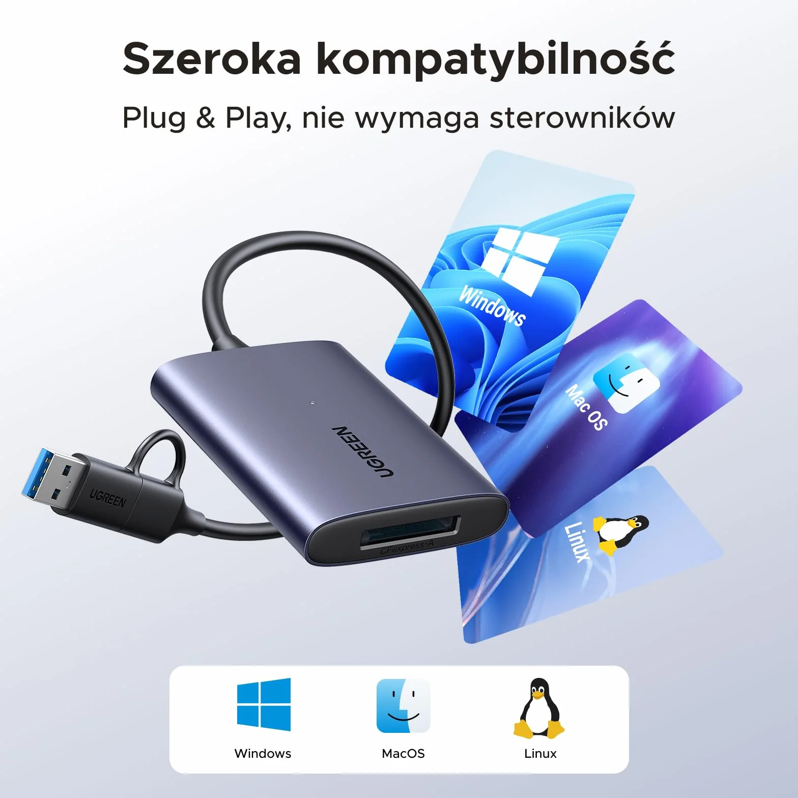 UGREEN USB-C na CFexpress Type A czytnik kart z portem USB-A i C, 10 Gb/s do 1250 MB/s, kompatybilny z kartami CFexpress B do filmów 8K, Mac, Windows, Linux, laptop, tablet, aluminiowa obudowa