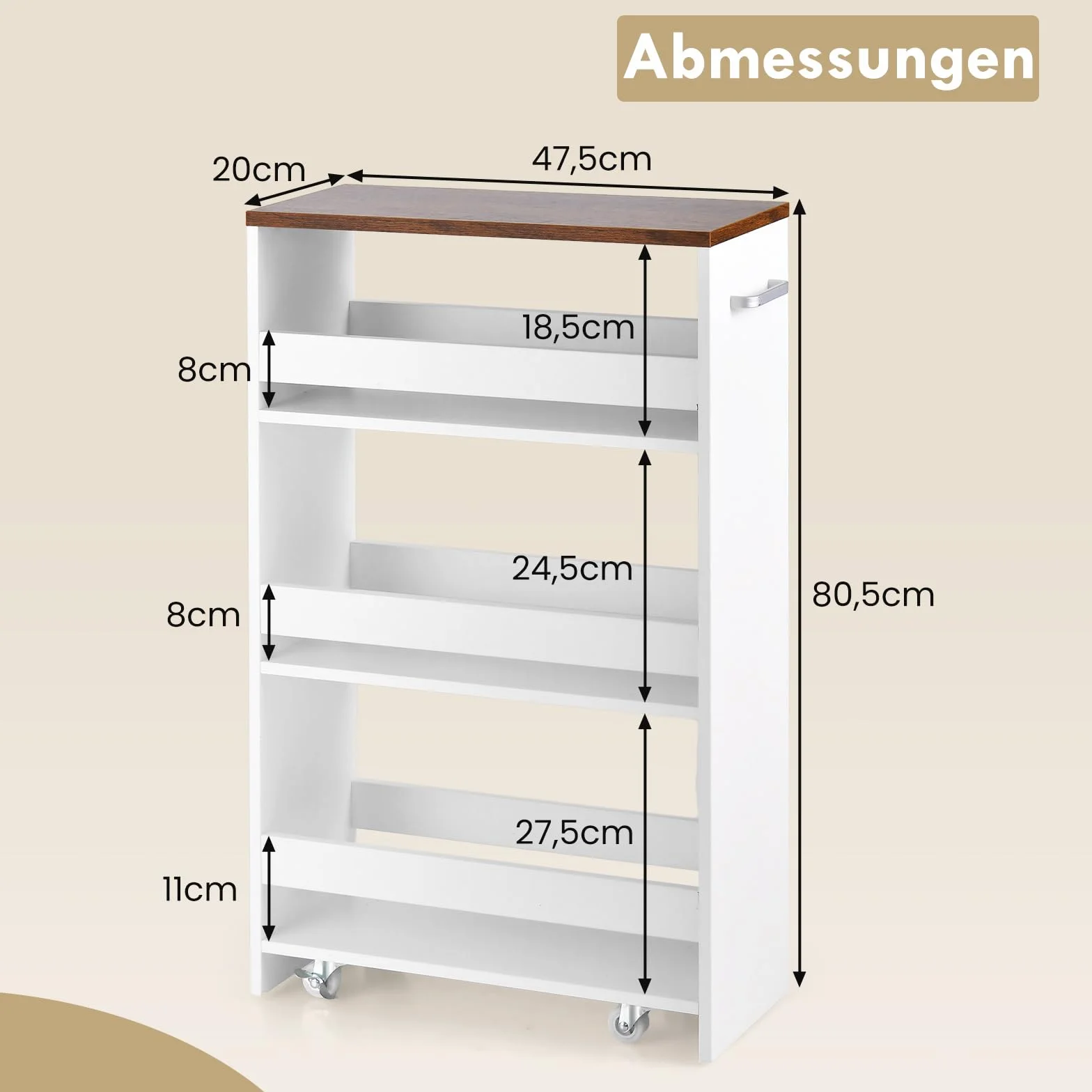 COSTWAY Wózek wnękowy 20 cm szerokości, 4 poziomy, wózek kuchenny, wąski, regał wnękowy na kółkach, wózek do serwowania z uchwytem i poręczami, drewniany regał łazienkowy, do kuchni, łazienki, 47,5 x