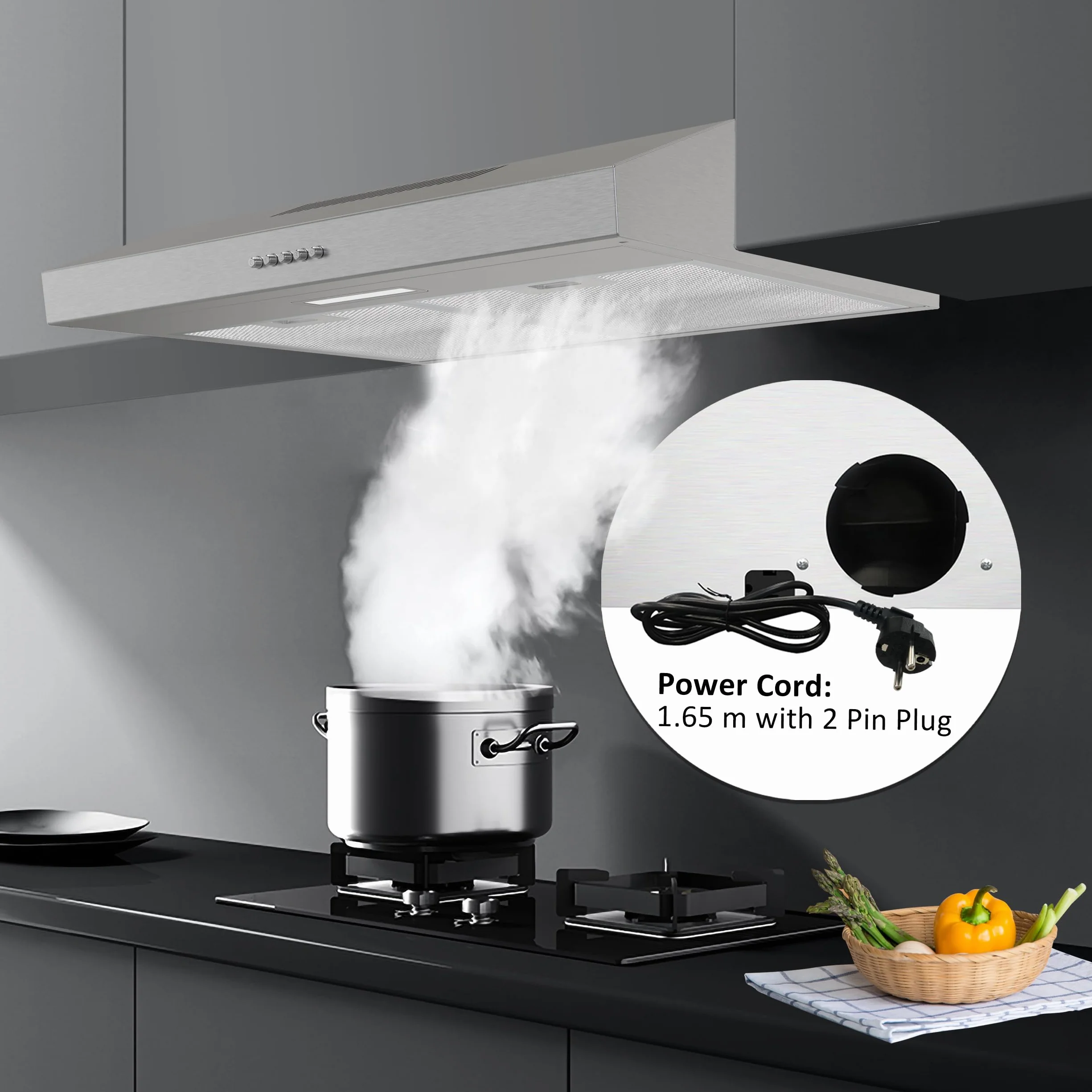 FIREGAS Okap kuchenny 60 cm z filtrem z węglem aktywnym, okap kuchenny, 3 prędkości, tryb ekstraktu/recyrkulacji, LED, filtr zmywalny, srebrny