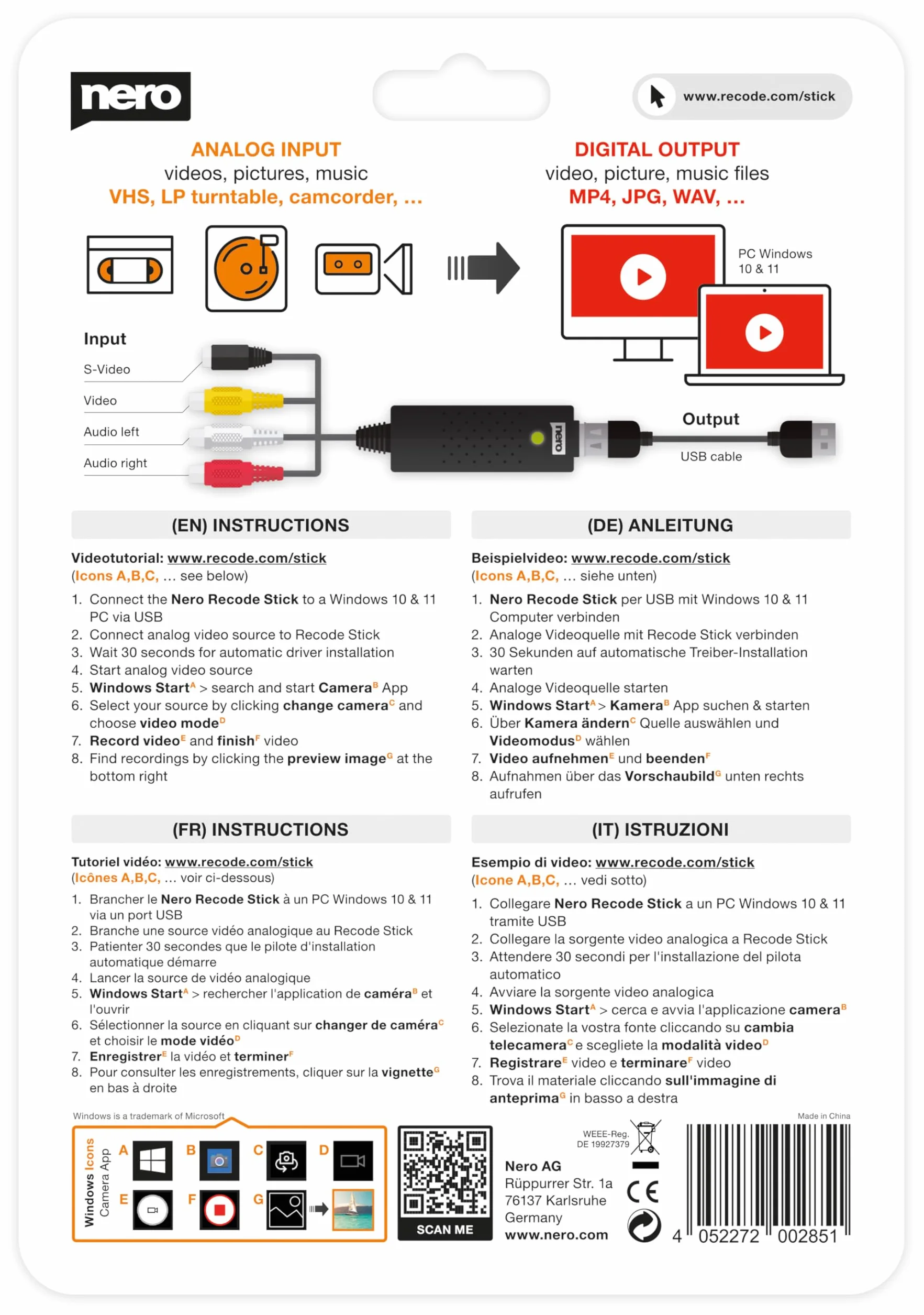 Nero Video Grabber | Digitalizacja kaset wideo | VHS na USB | DVD na PC | Karta przechwytywania analogowego do cyfrowego | S-VHS | Hi8 | Super 8 | Windows 11/10 | MacOS