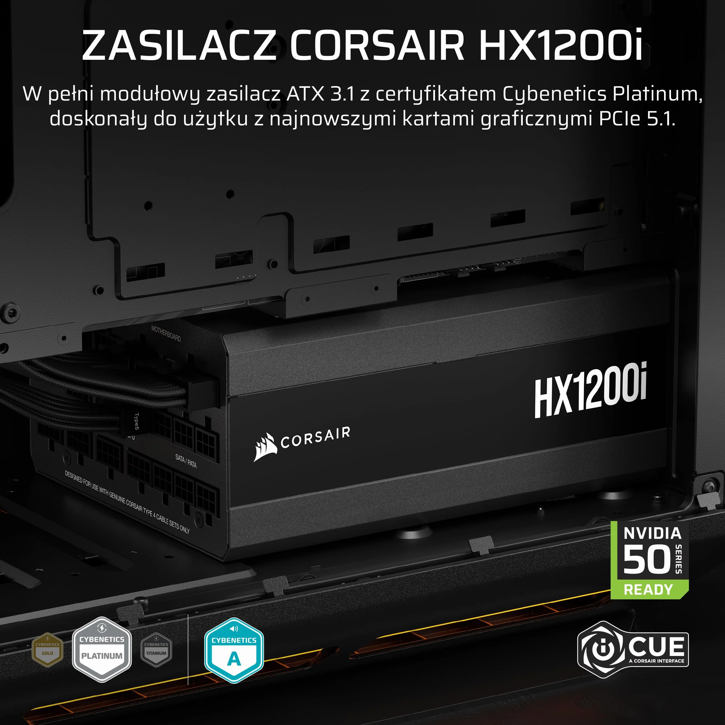CORSAIR HX1200i (2025) W Pełni Modułowy Cichy Zasilacz ATX Zgodny Z kablem 12V-2x6 – Zgodna z ATX 3.1 i PCIe 5.1, Wydajność Klasy Cybenetics Platinum – Czarny | Z kablem, kompatybilny z ATX 3.1 i PCIe 5.1, wydajność Cybenetics Platinum