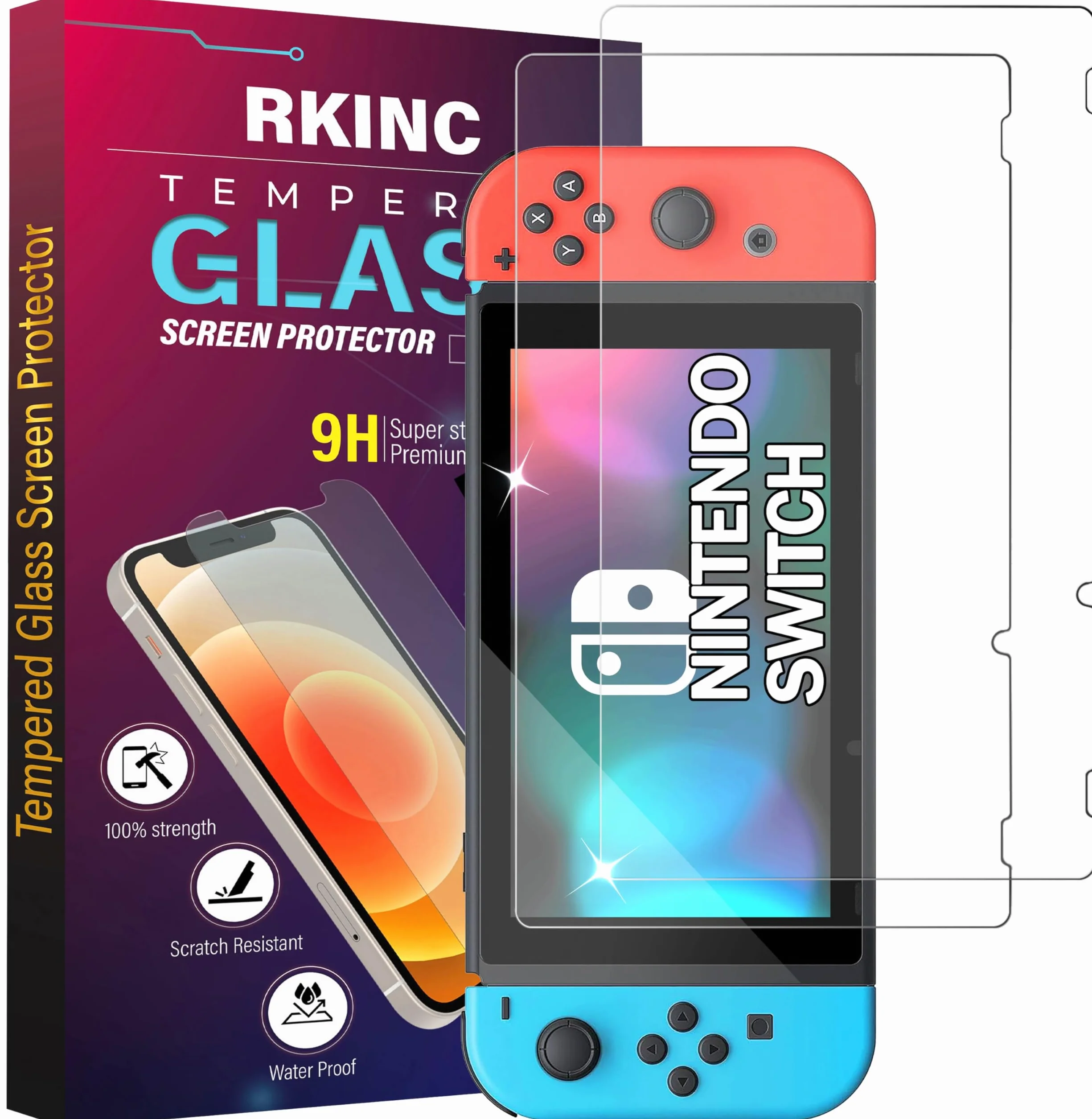 RKINC 2 sztuki, szkło pancerne, szkło ochronne do Nintendo Switch, pancerna folia ochronna na wyświetlacz HD, 0,33 mm, odporna na zarysowania, odpryski, bez pęcherzyków powietrza, 2 sztuki
