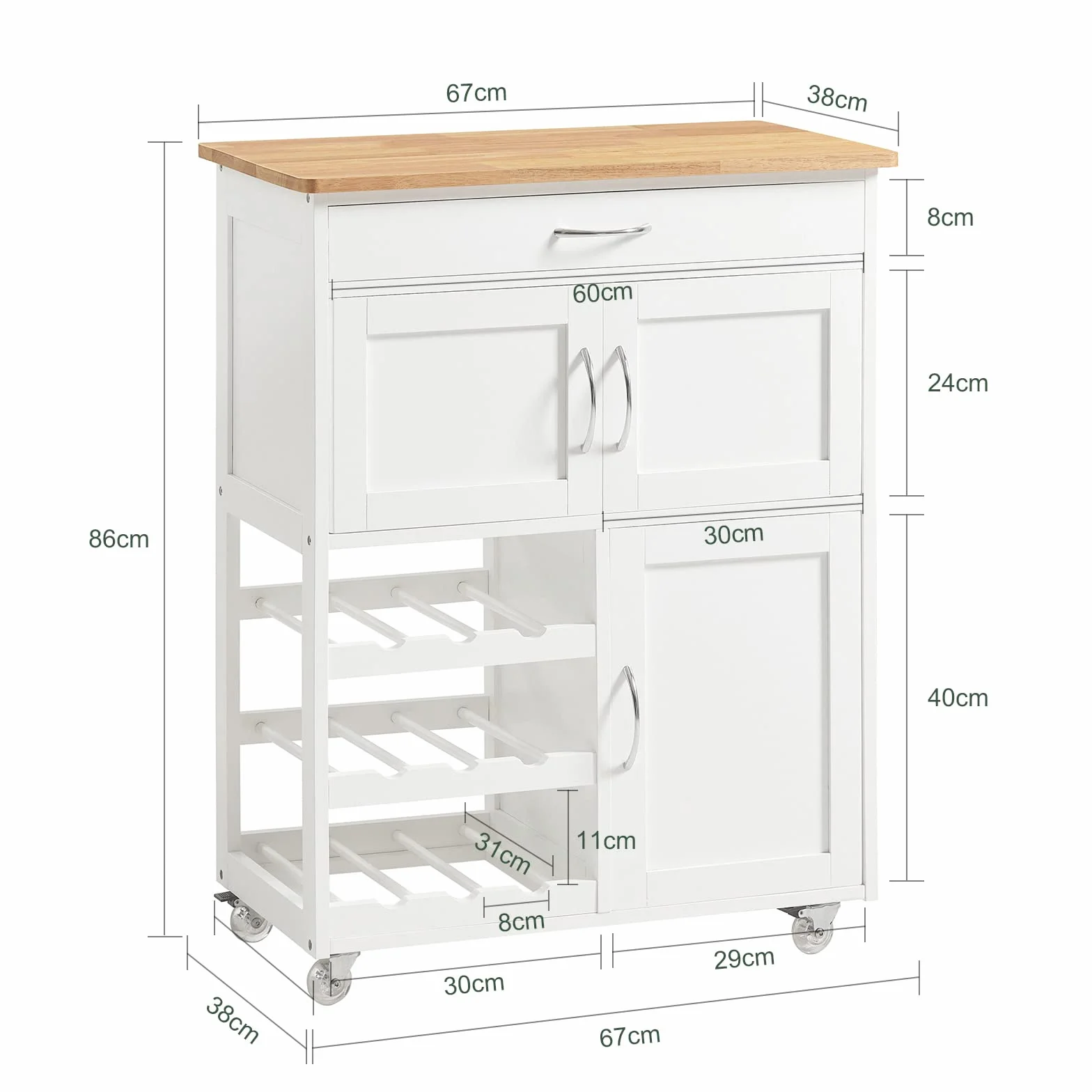 SoBuy wózek kuchenny z kółkami blat kauczukowiec 67x86x38 cm biały FKW45-WN