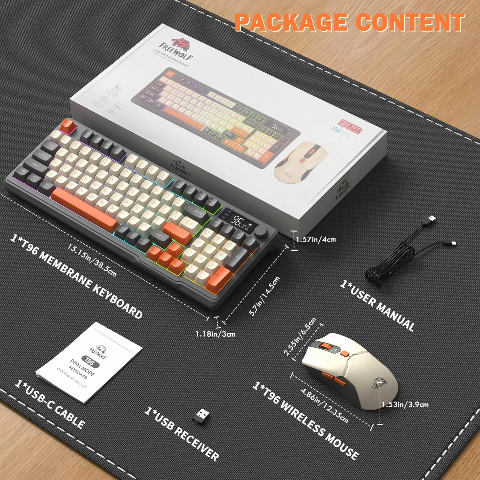 ZIYOU LANG×FREEWOLF T96 Bezprzewodowa Klawiatura i Mysz do Gier, Bluetooth/2,4 GHz, Mądry Pokaz i Pokrętło, Podświetlenie Tęcza Diodą, Klawiatura QWERTY Akumulatorem i Radiowy Komputer Myszą-Shimmer