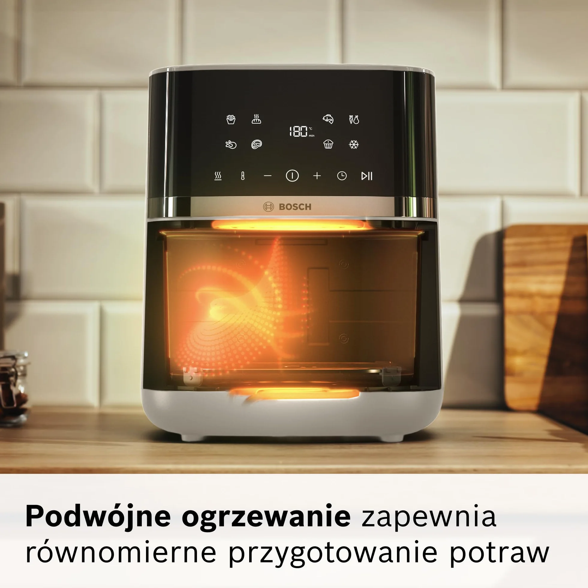 Bosch Air Fryer Serie 4 XL, MAF462C0, 6,1 l, 7 automatycznych programów, dwa elementy grzewcze, funkcje rozmrażania i podtrzymywania ciepła, ekran dotykowy, do 60% szybsze gotowanie, satynowy beżowy