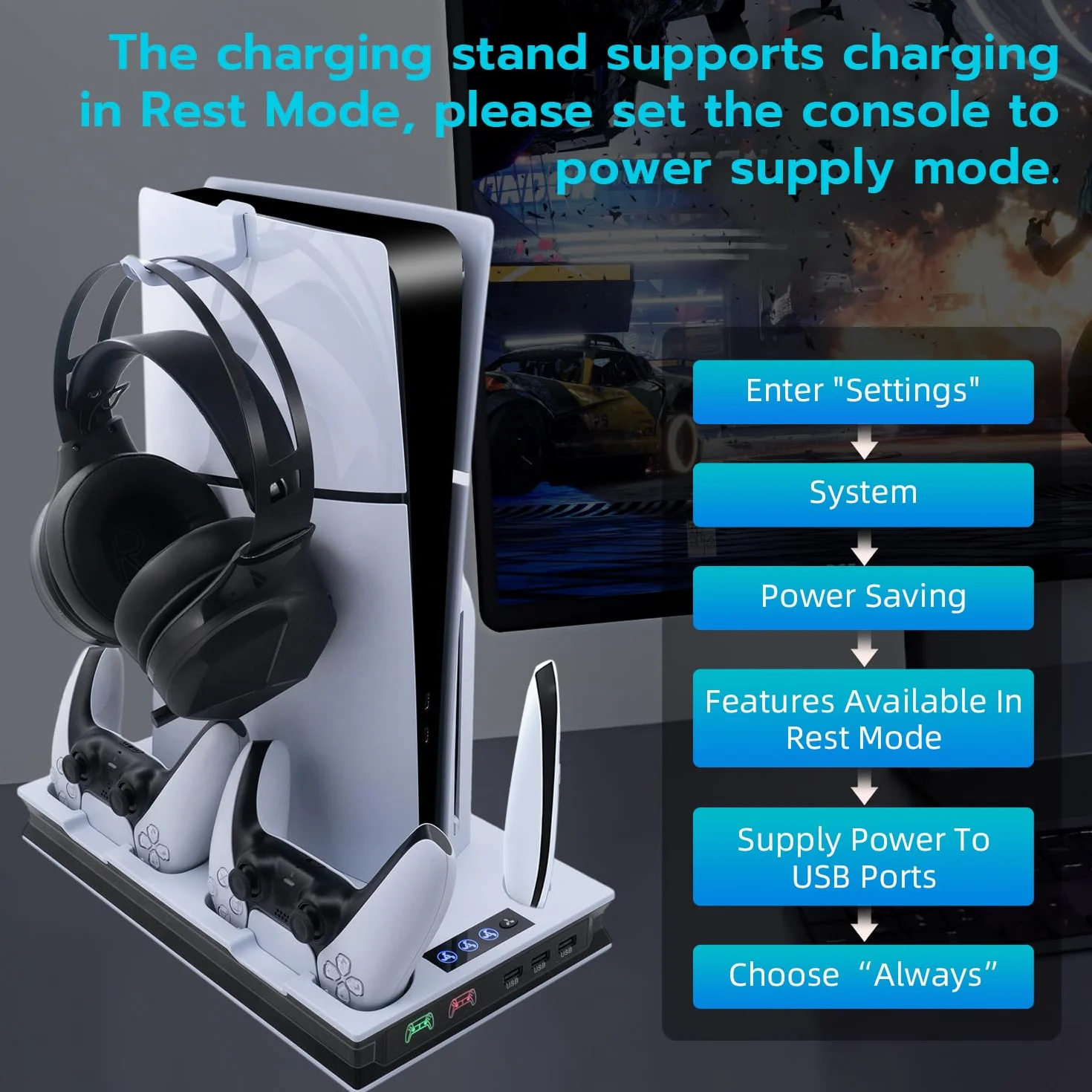 Wigearss Pionowy stojak na wentylator PS5 Slim z podwójnym kontrolerem, ładowarka do PS5/PS5 SlimPS5 PRO UHD/Digital Edition/