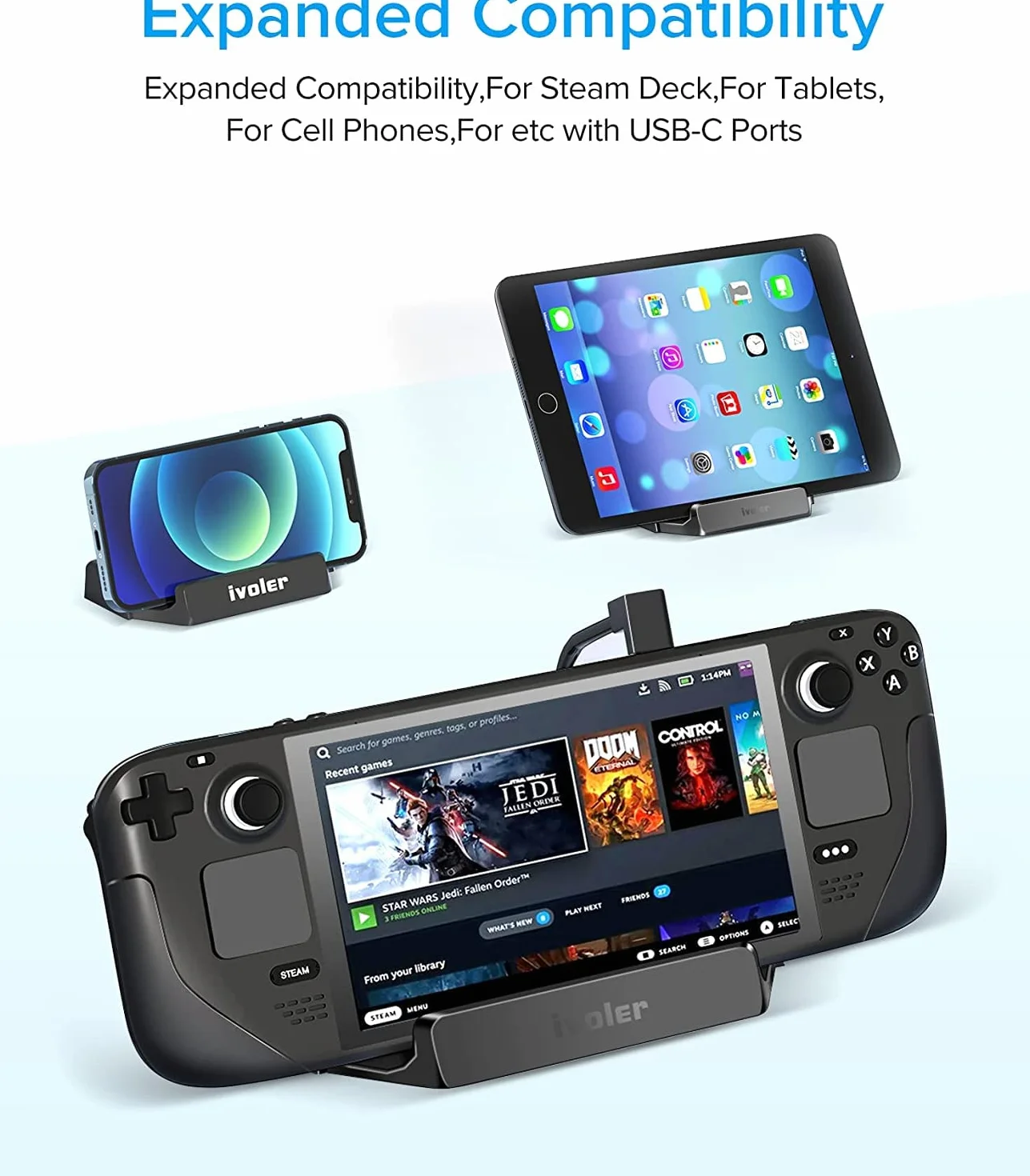 ivoler Stacja dokująca 5 w 1, koncentrator USB-C z HDMI 2.0 4K przy 60 Hz, potrójny port USB 3.0 i port USB-C z pełną prędkością, stacja dokująca zaprojektowana dla Valve Steam Deck, kompatybilna z