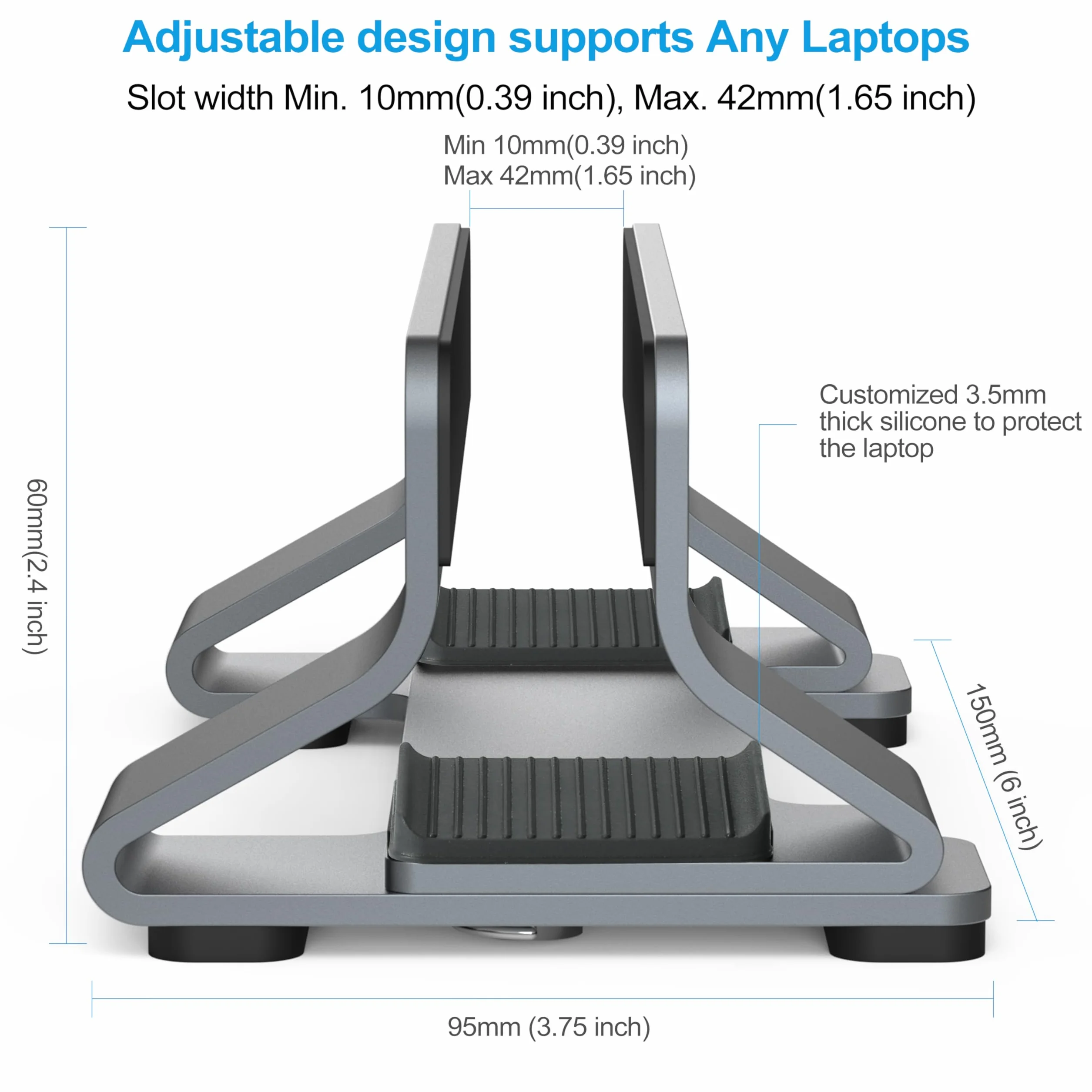 Aluminiowy Pionowy Stojak na Laptopa z Uchwytem Dokującym, Regulowana Szerokość Szczeliny 12-42mm, Oszczędność Miejsca na MacBooka i Laptopy