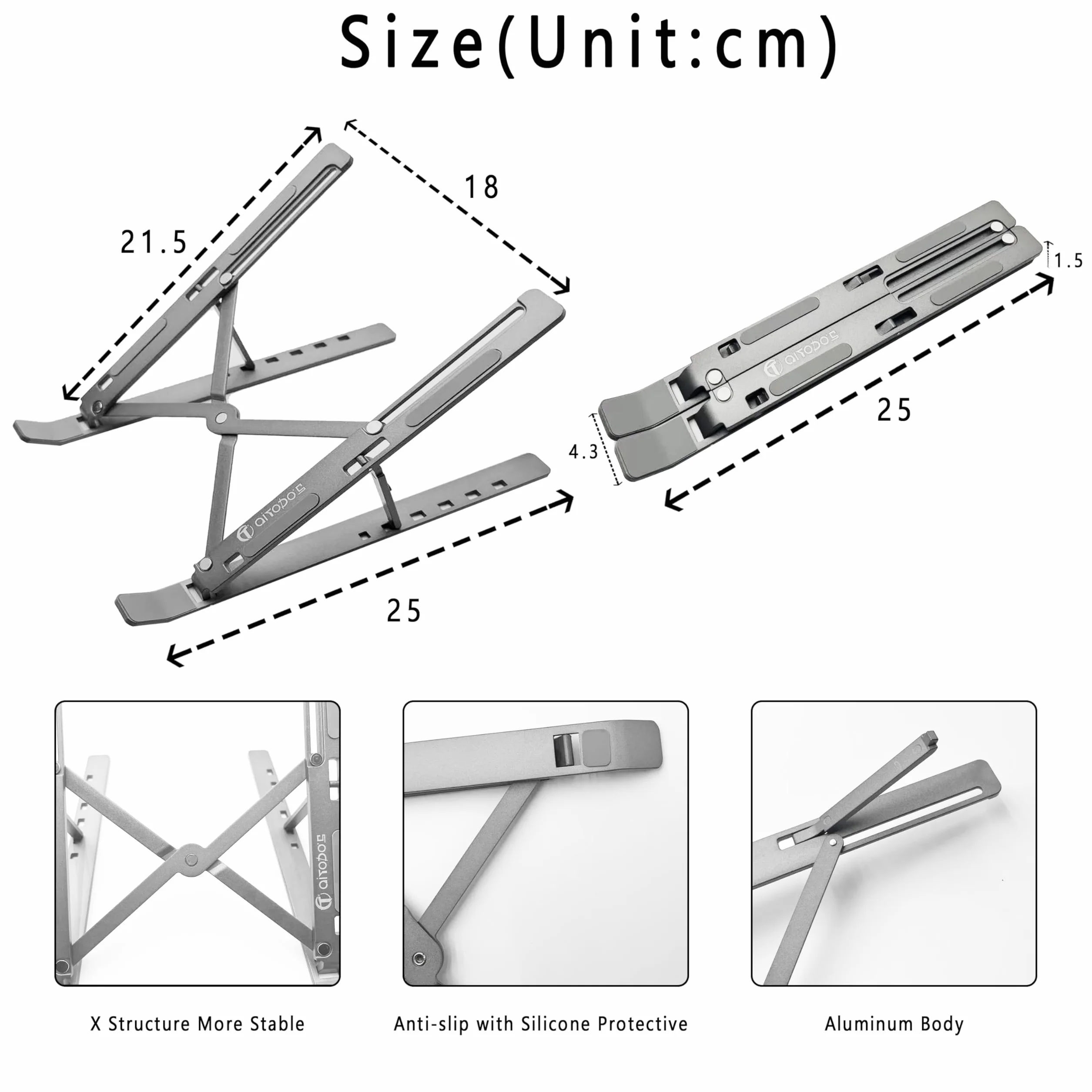 AiTodos® Stojak na Laptopa 8–16 Cali – Regulowany w 6 Pozycjach, Składany i Ergonomiczny, Antypoślizgowa, Stop Aluminium, Kompatybilny z MacBook Pro/Air, Dell, HP (Szary)