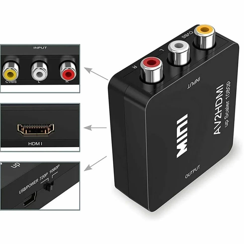 konwerter RCA na HDMI, konwerter wideo 1080P RCA Composite CVBS AV na HDMI, adapter audio-wideo dla PS2/Xbox/SNES/VHS/VCR magnetowidów DVD, obsługuje PAL/NTSC z kablem zasilającym USB