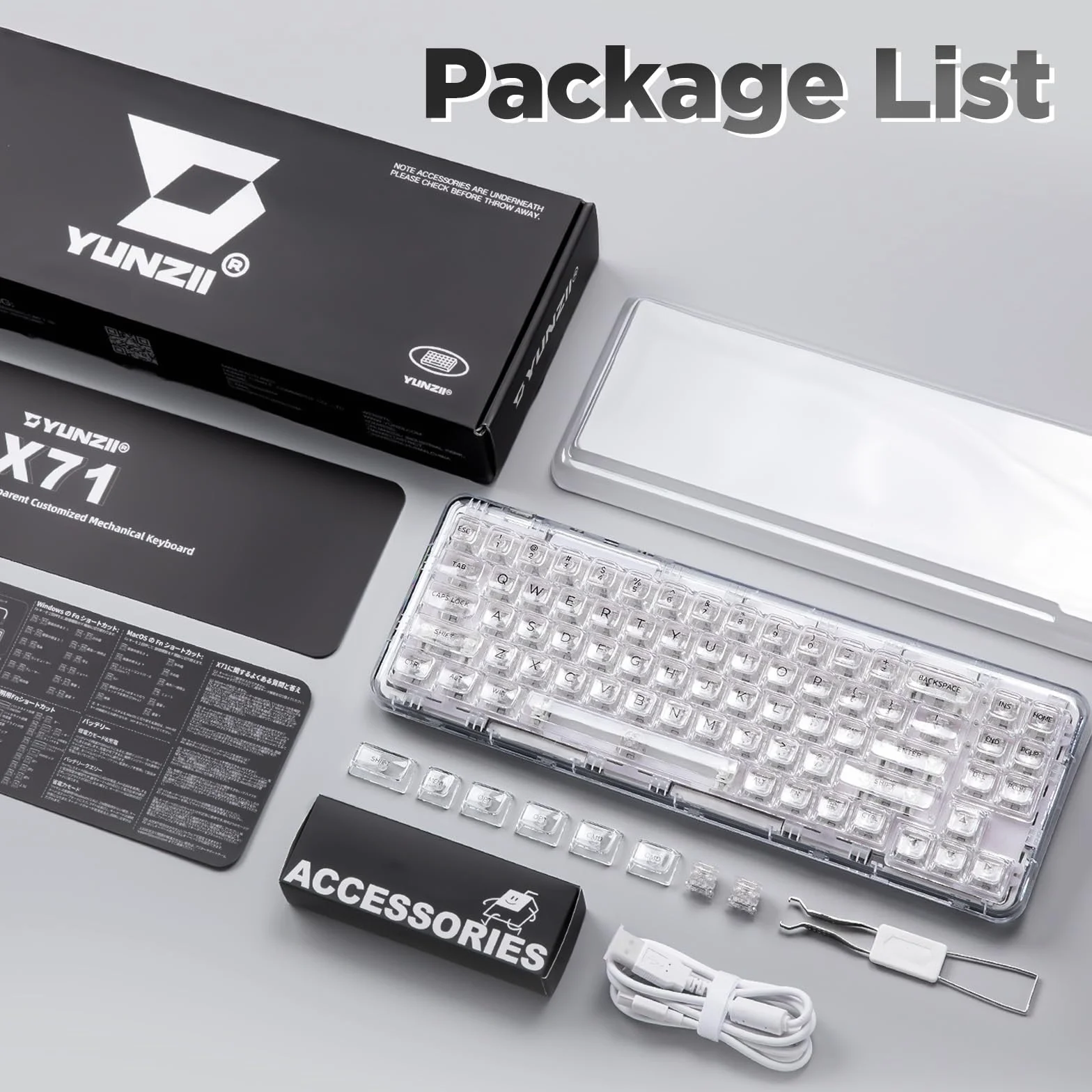 YUNZII X71 Bezprzewodowa wymiana na gorąco przezroczysta klawiatura mechaniczna z przezroczystymi klawiaturami klawiaturowymi, 68% Układ, BT5.0/2.4G/USB-C Bezprzewodowy (Biały, Crystal Ice Switch)