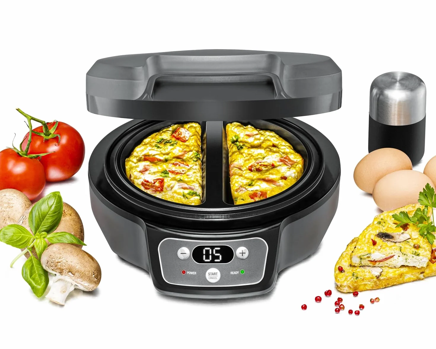 ROMMELSBACHER Omelett Chef OM 950 – obudowa Cool Touch, bardzo głębokie wgłębienia do pieczenia na 2 omlety, powłoka zapobiegająca przywieraniu, 20-minutowy programator czasowy, wyświetlacz LED,