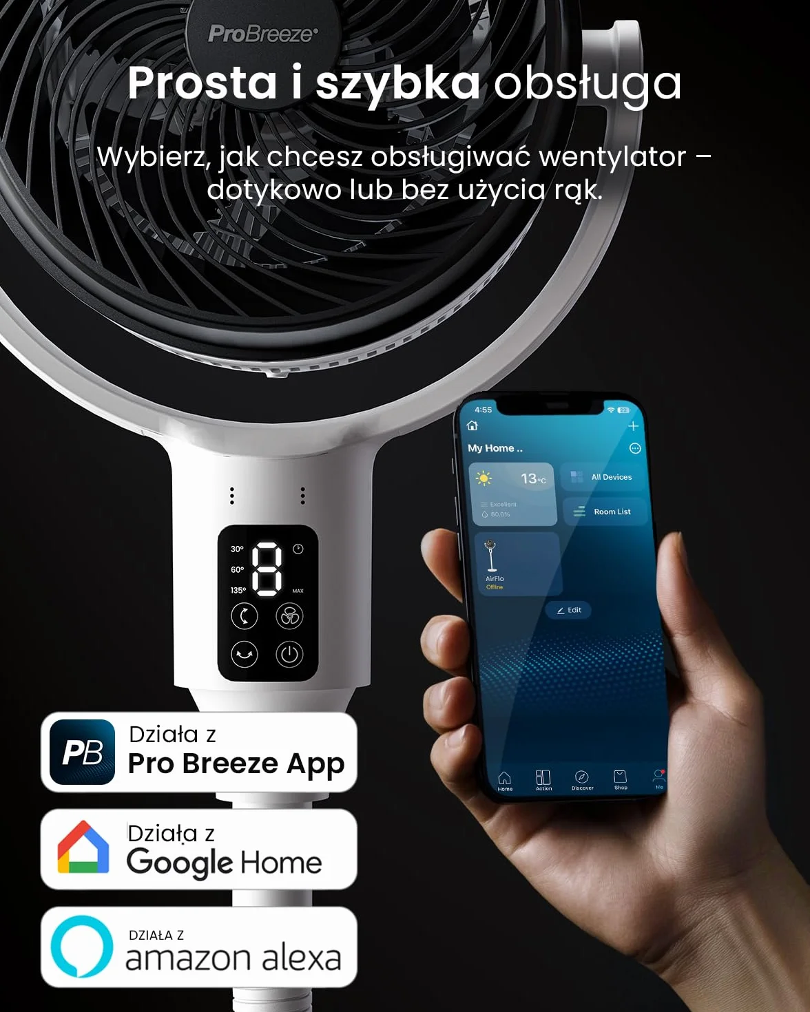 Wentylator stojący Pro Breeze AirFlo Smart 108 cm – 29 dB Supercichy – Wyświetlacz LED, Aplikacja i Pilot, 2 Tryby, Oscylacja Pionowo-Pozioma – WiFi