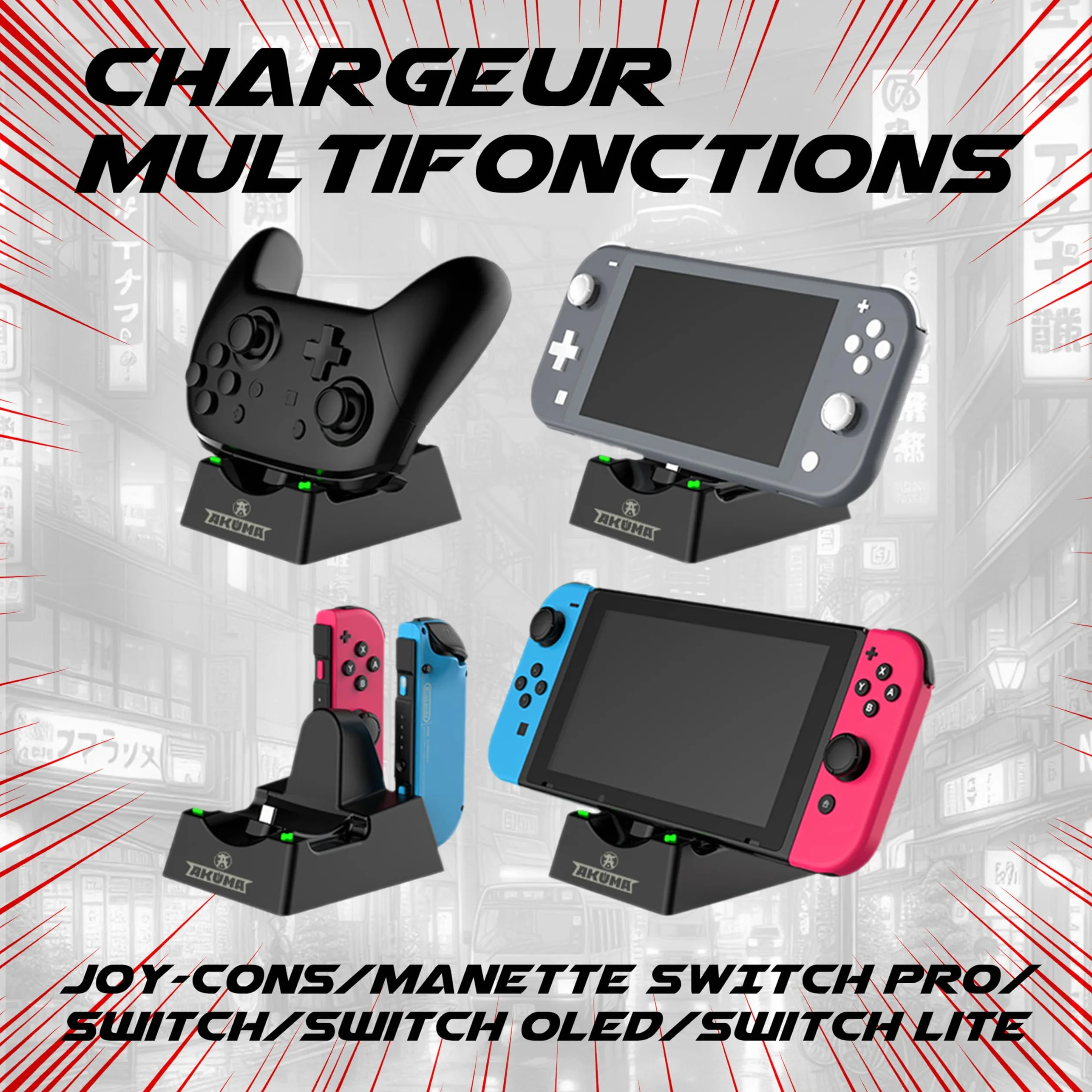 AKUMA Cyber V02 Stacja ładująca do Nintendo Switch - Kontroler Pro, Joy-Cons, OLED/Switch Lite Smart Charging - Czarny