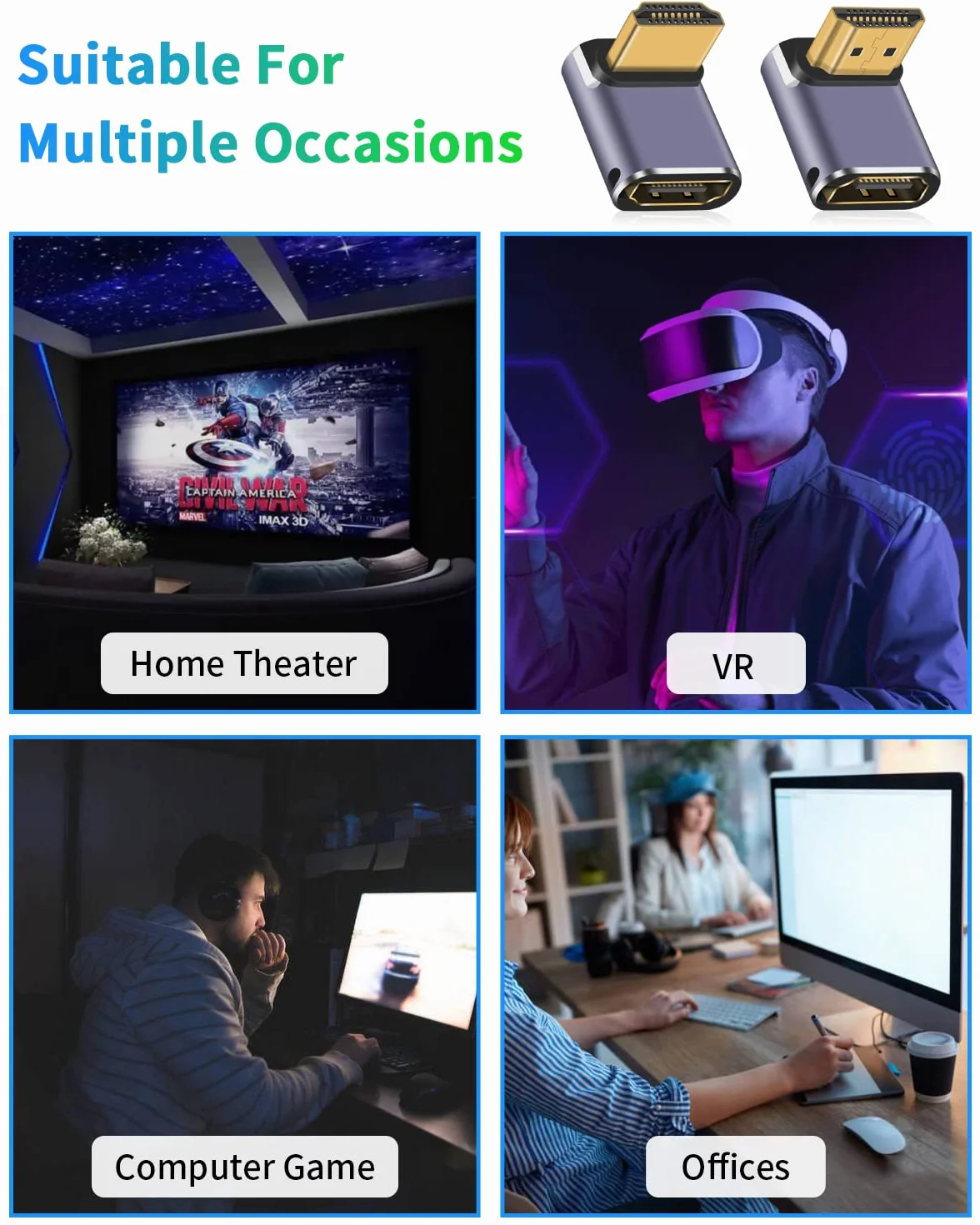 Duttek Adapter 8K HDMI 90 stopni (2 sztuki), adapter HDMI męski na żeński, 48 Gb/s ze wskaźnikiem roboczym LED do laptopa, DVD, telewizora, monitorów