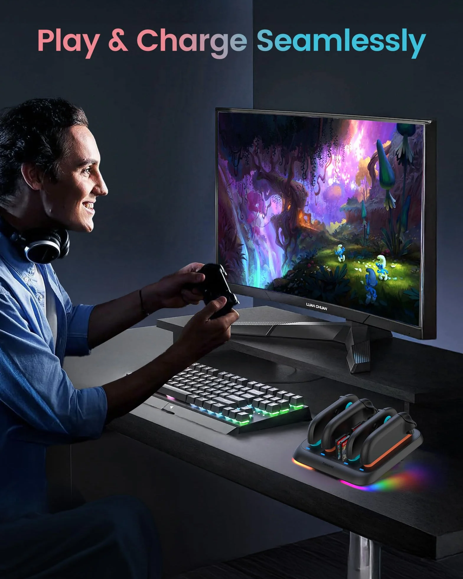 TRANSNOVO Stacja ładująca do Nintendo Switch 2, 4-krotna stacja ładująca z 4 pamięciami kart do gry, wskaźniki LED, 9 trybów otoczenia RGB, zintegrowany stojak do jednoczesnego ładowania 1-4 Joy-Cons