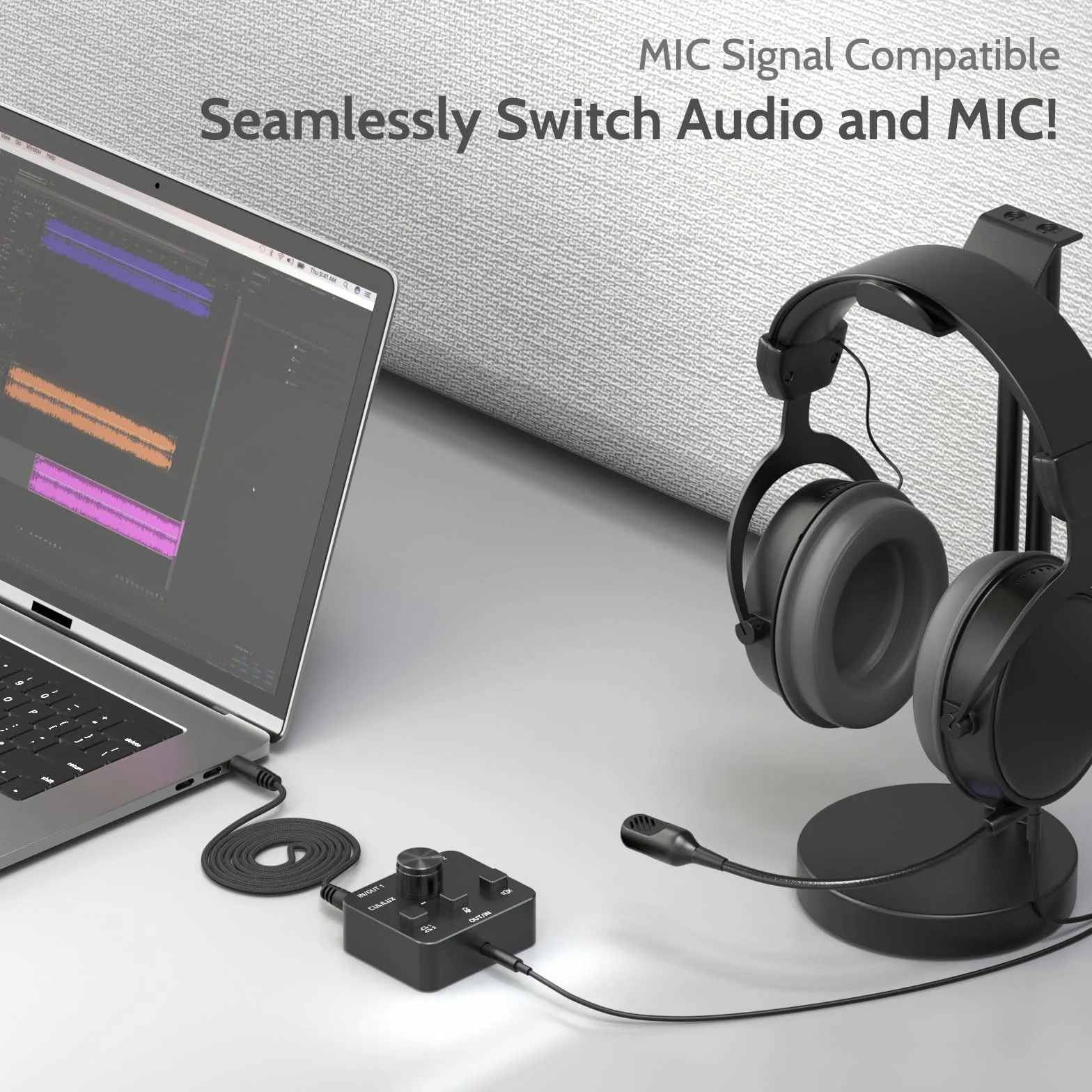 Cubilux AS-J3 3,5 mm Przełącznik wyciszania Audio/MIC, dwukierunkowy 2-w-1-Out lub 1-In-2-Out 1/8 Stereo AUX i Mono Mikrofon Selektor Sygnału Kompatybilny PC Laptop Komputer Głośnik Słuchawki Zestaw