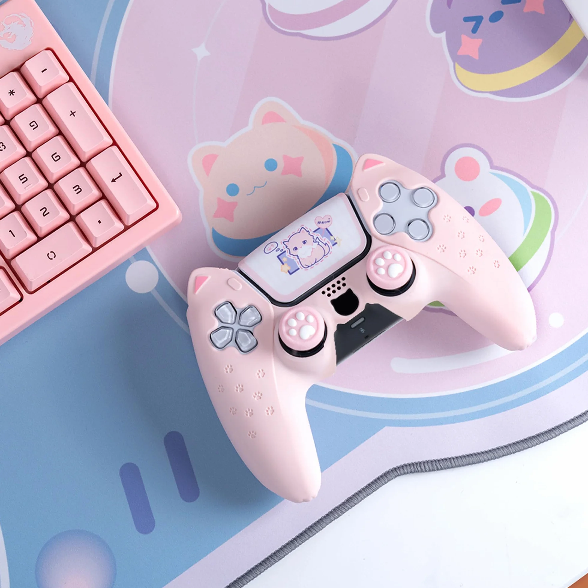GeekShare Pink Cat Paw PS5 Kontrolery Silikonowy Pokrowiec Antypoślizgowy Joystick Caps Zestaw Akcesoriów
