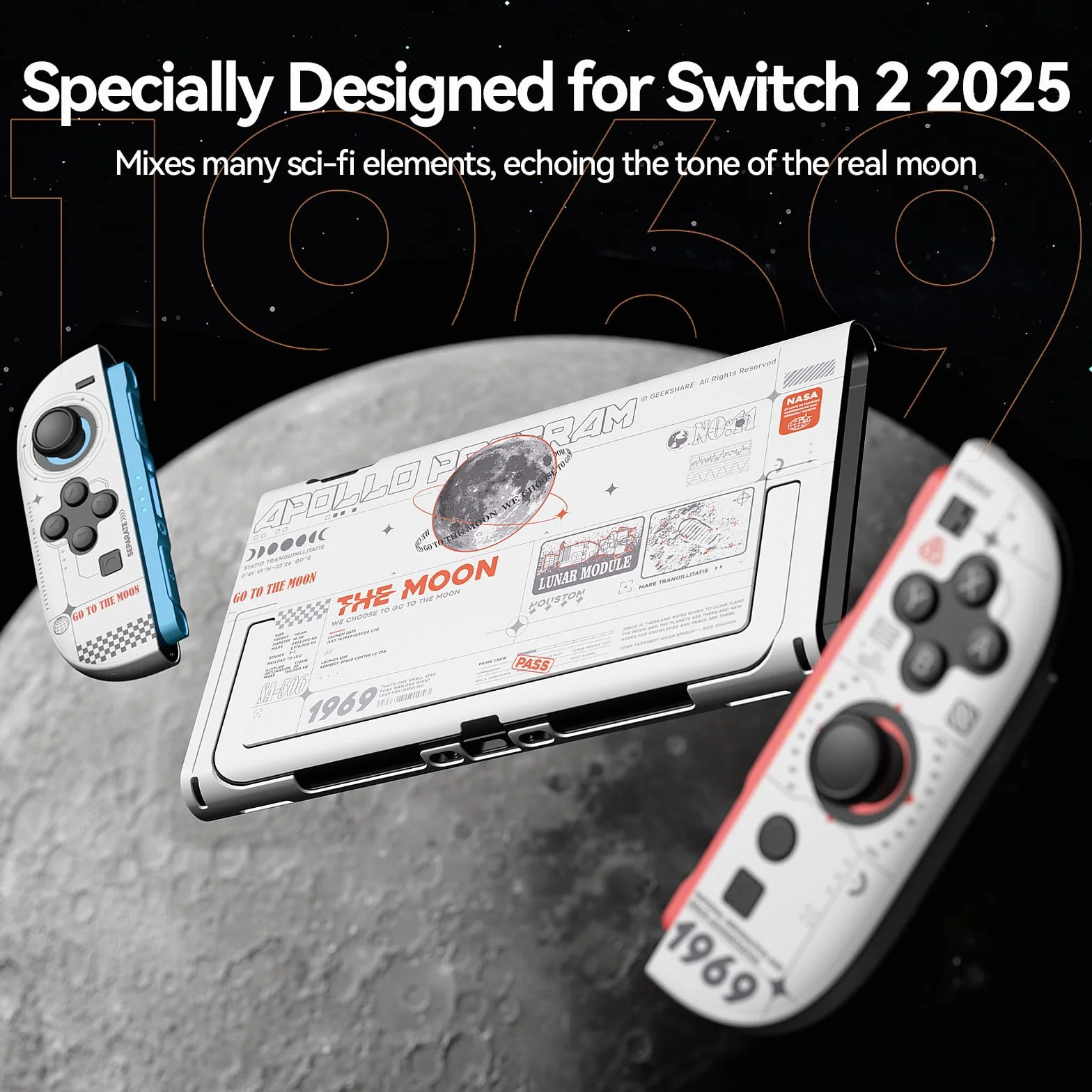 GeekShare Twarde etui kompatybilne z Switch 2 (2025) odporne na zarysowania dokowalna osłona ochronna z odłączanym uchwytem JC, Księżyc (biała)