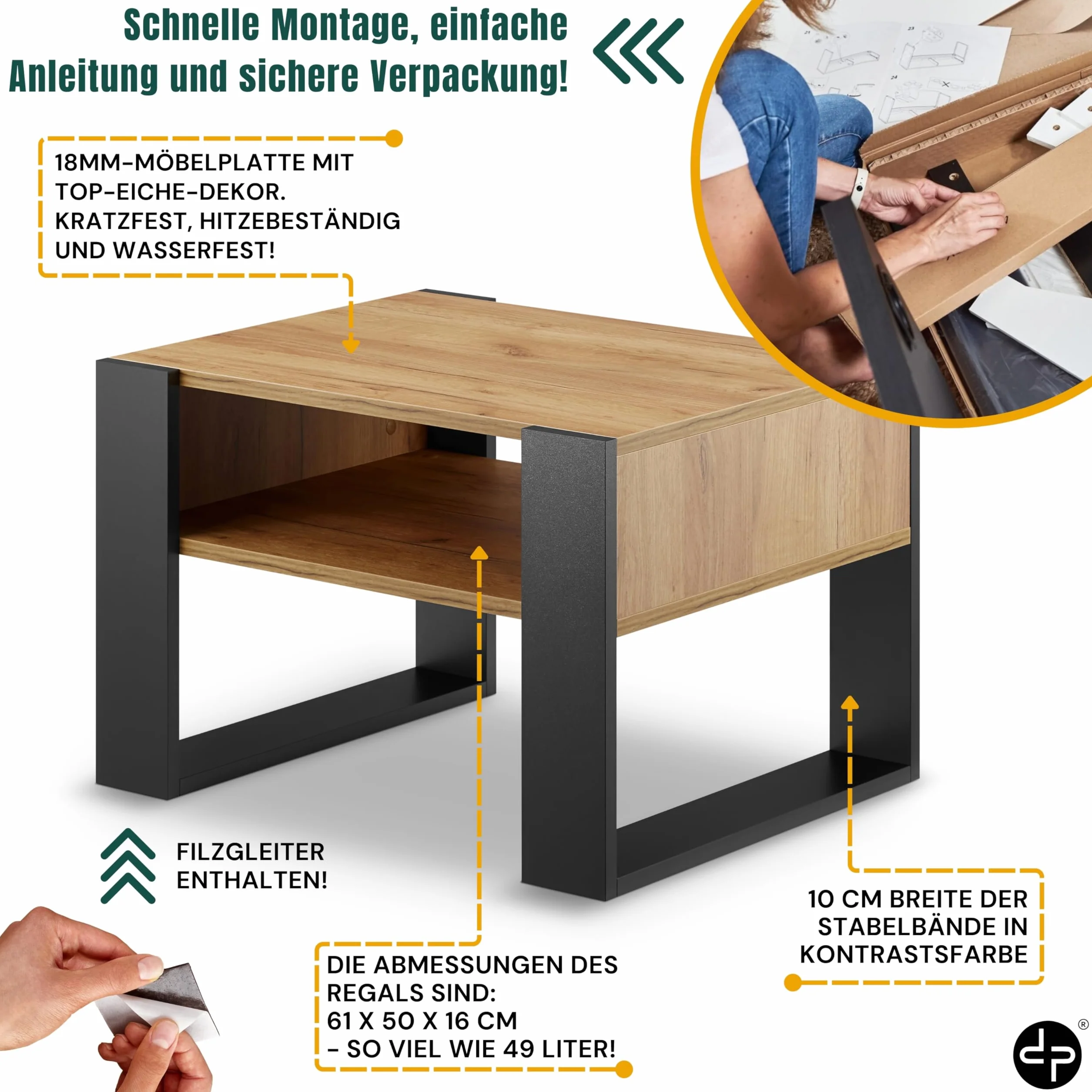 defiPad Stolik do salonu na kanapę, mały stolik kawowy z czarnym dębem, z miejscem do przechowywania, nowoczesny stół do salonu, stolik kawowy o szerokości 65 cm, stabilny stolik kawowy