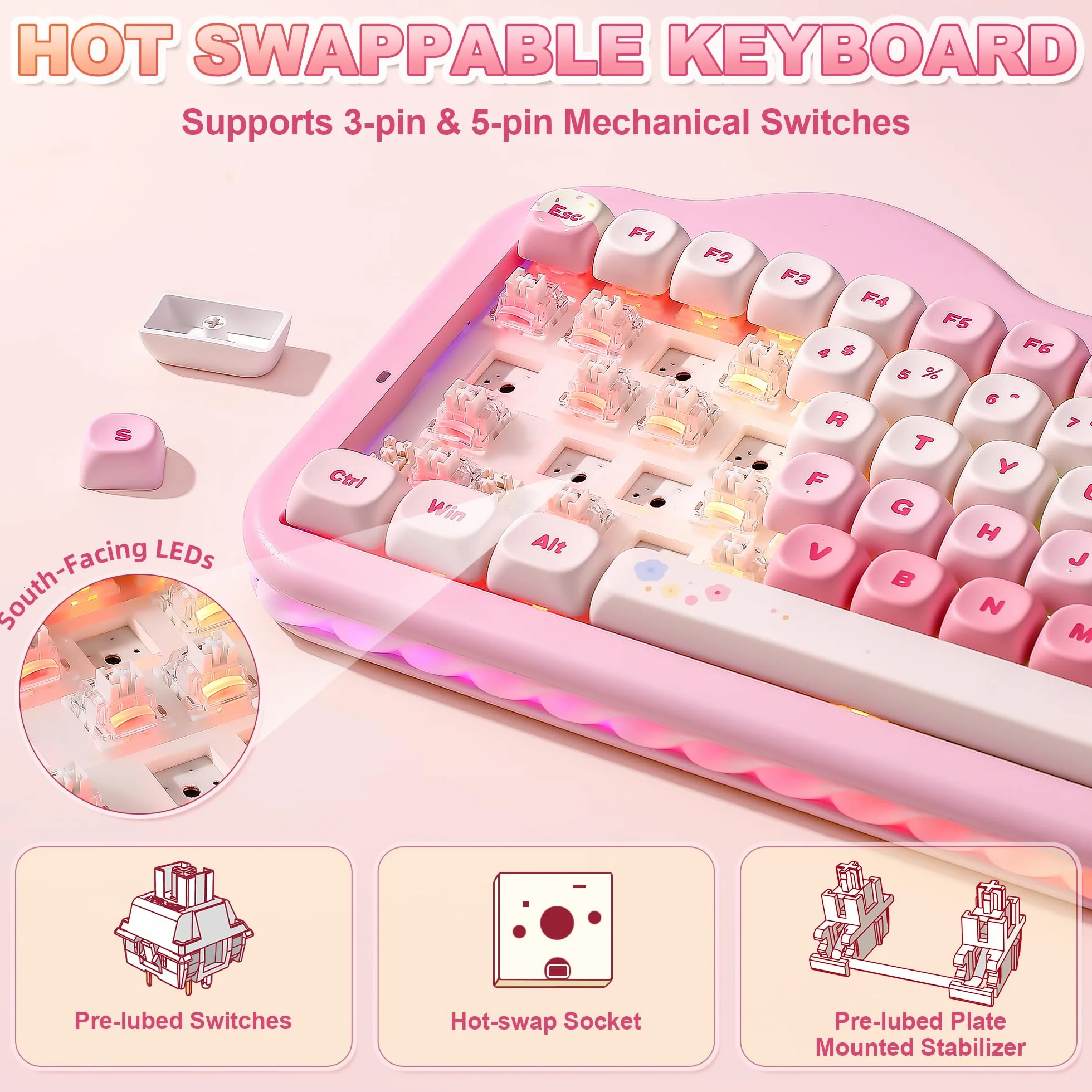 YUNZII C75 Bezprzewodowa Mechaniczna Klawiatura, 75% Układ Hot Swappable Kremowa Klawiatura NKRO,Uroczy Projekt Ciasta BT5.0/2.4G/USB-C dla Win/Mac/Gaming (Różowy, Milk V2 Linear Switch)
