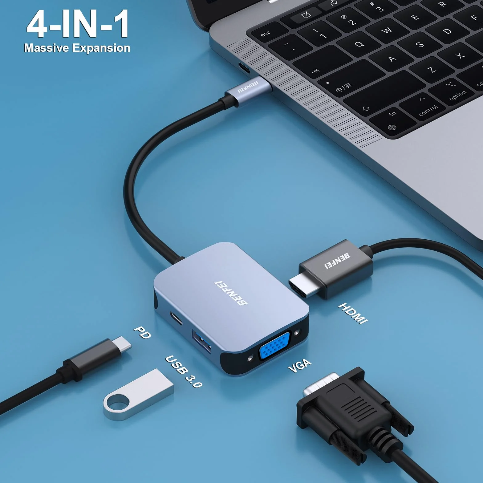 BENFEI USB C HUB 4 w 1, Adapter USB Type-C na HDMI VGA, Adapter USB C na USB, Zasilanie USB Type-C, Kompatybilny z iPhonem 15 Pro/Max, MacBookiem Pro/Air 2023, iPadem Pro, iMac, S23, XPS 17