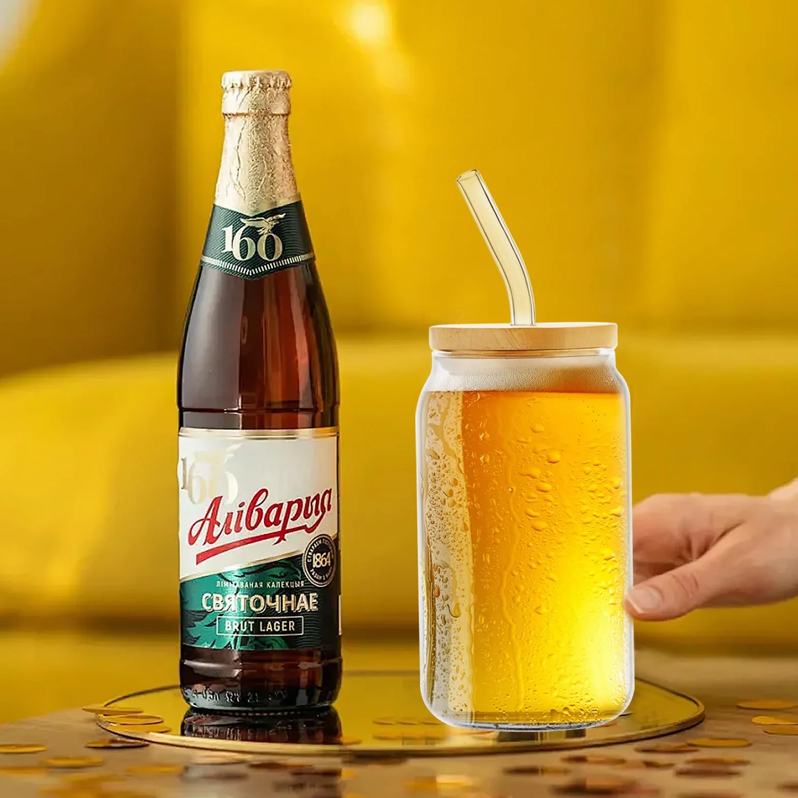 Szklane Kubki z Pokrywką i Słomką - Zestaw 2 Szklanek do Piwa i Kawy, 400 ml, Wielokrotnego Użytku, na Prezent