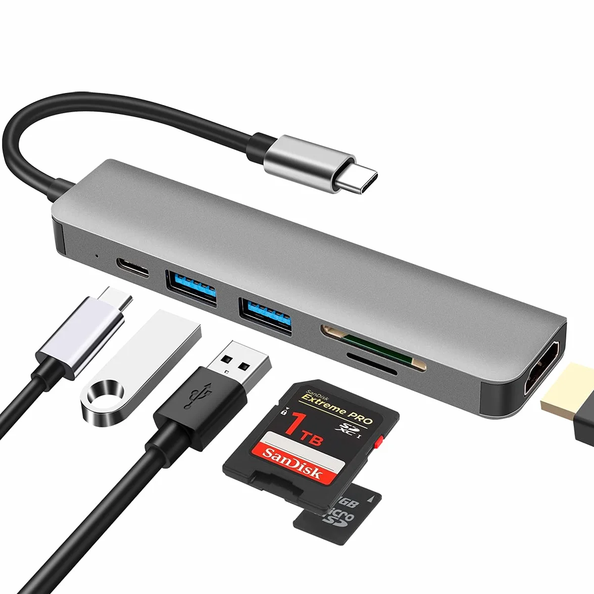 Hub USB C, 6 w 1 DEMKICO Multiportowy adapter typu C z HDMI 4K, czytnikiem kart SD/TF, USB 3.0 i USB 2.0, port PD 100W, kompatybilny z MacBookiem Pro/MacBook Air/Dell XPS i innymi