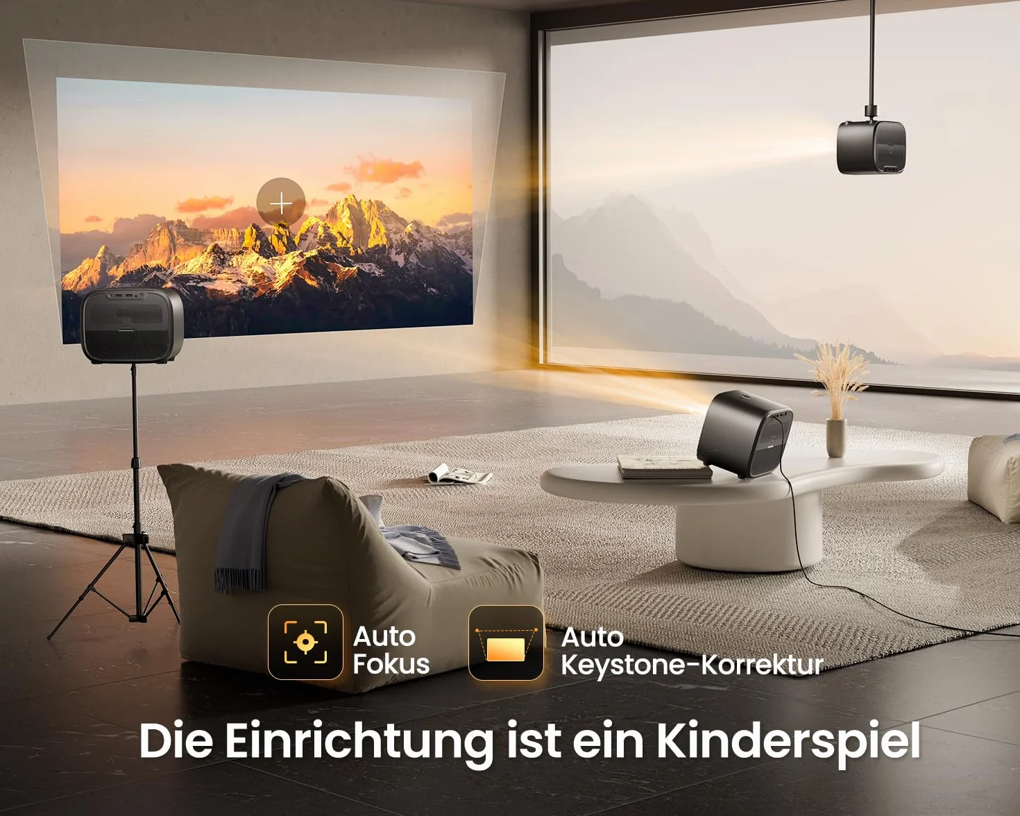 etoe Projektor E3 Pro, kino domowe 4K Ultra HD z autofokusem i automatyczną korekcją trapezową, 600 lumenów ANSI, 150", Android TV 11.0, certyfikat Netflix, głośnik 2 x 10 W, Dolby Audio, HDR 10+