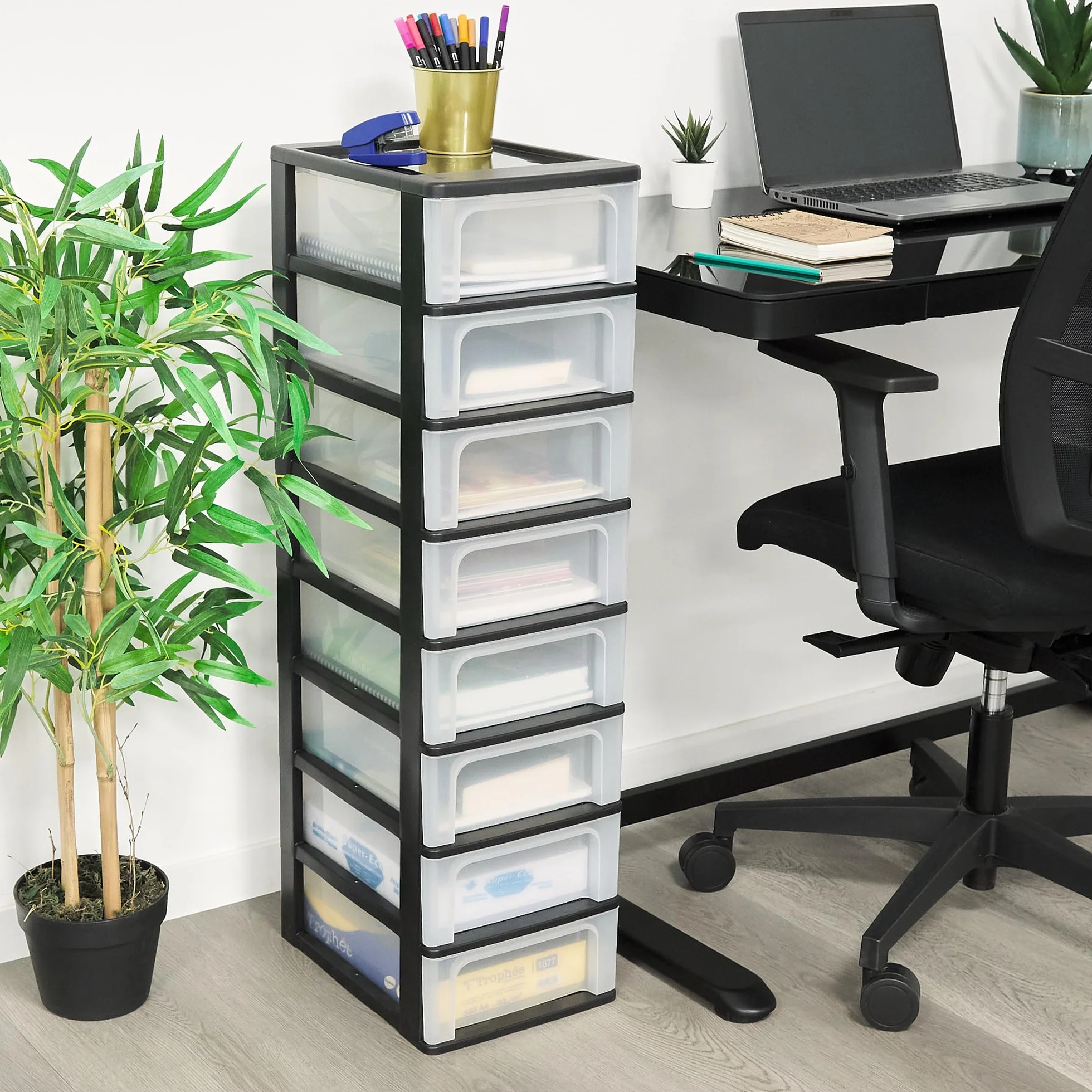 Iris Ohyama, Wieża, Komoda, Plastikowy organizer do przechowywania z ergonomicznym uchwytem, ​​7 L, 8 szuflad, Bez BPA, Biuro, Salon, OCH-2008, Czarny