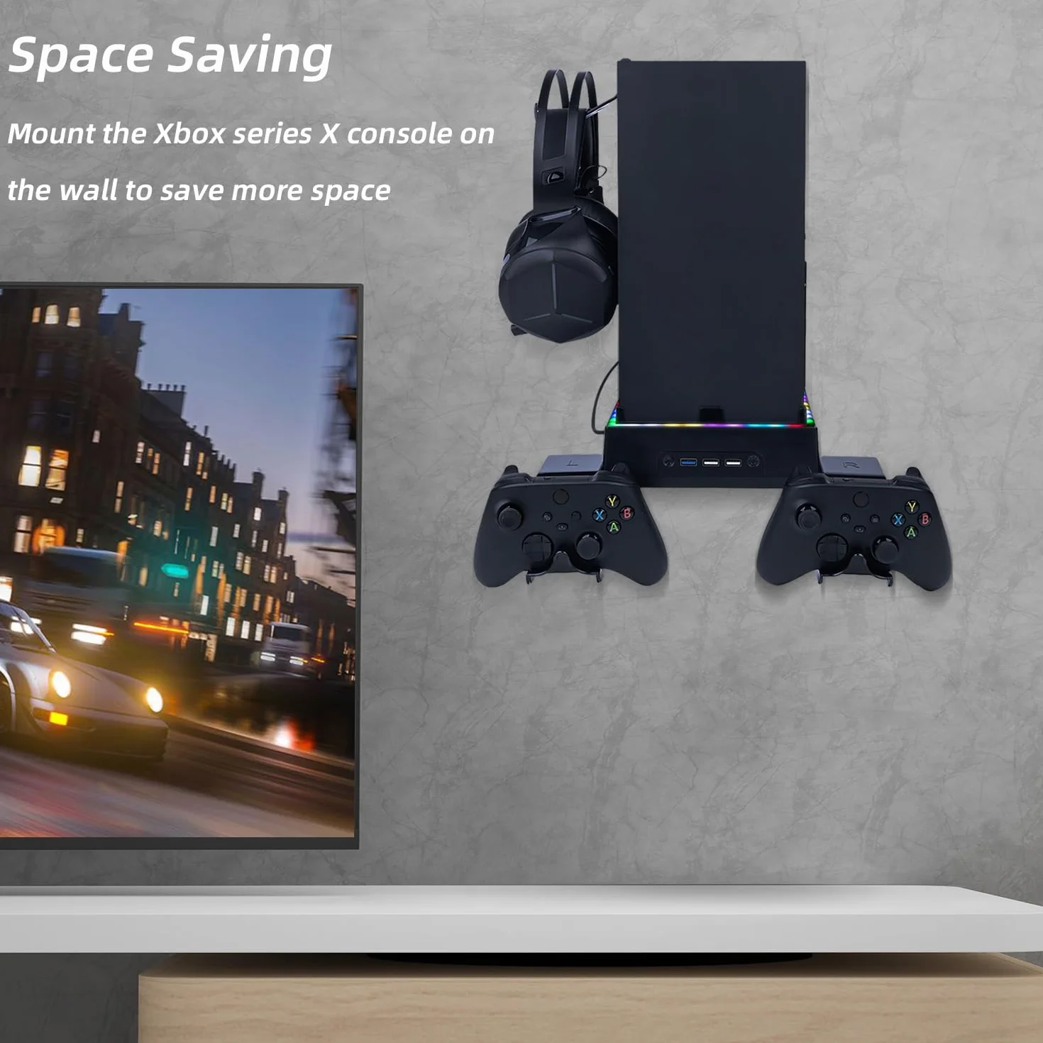 Mcbazel Xbox Series X Zestawy do Montażu ściennego z Wentylatorem Chłodzącym, Wspornik Systemu Chłodzenia LED RGB z Regulowanymi Poziomami Prędkości/Portami USB/Wspornikami Kontrolera