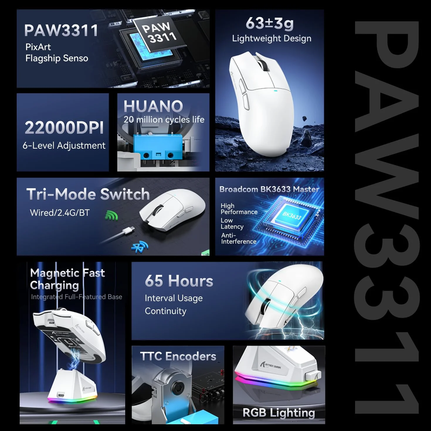 ATTACK SHARK X11 Mysz do gier z magnetyczną stacją ładującą, PixArt PAW3311 czujnik gamingowy, bezprzewodowa/przewodowa, BT/2,4G, 22000 DPI, mysz biurowa dla graczy Win11/Xbox/PS/Mac (biała)