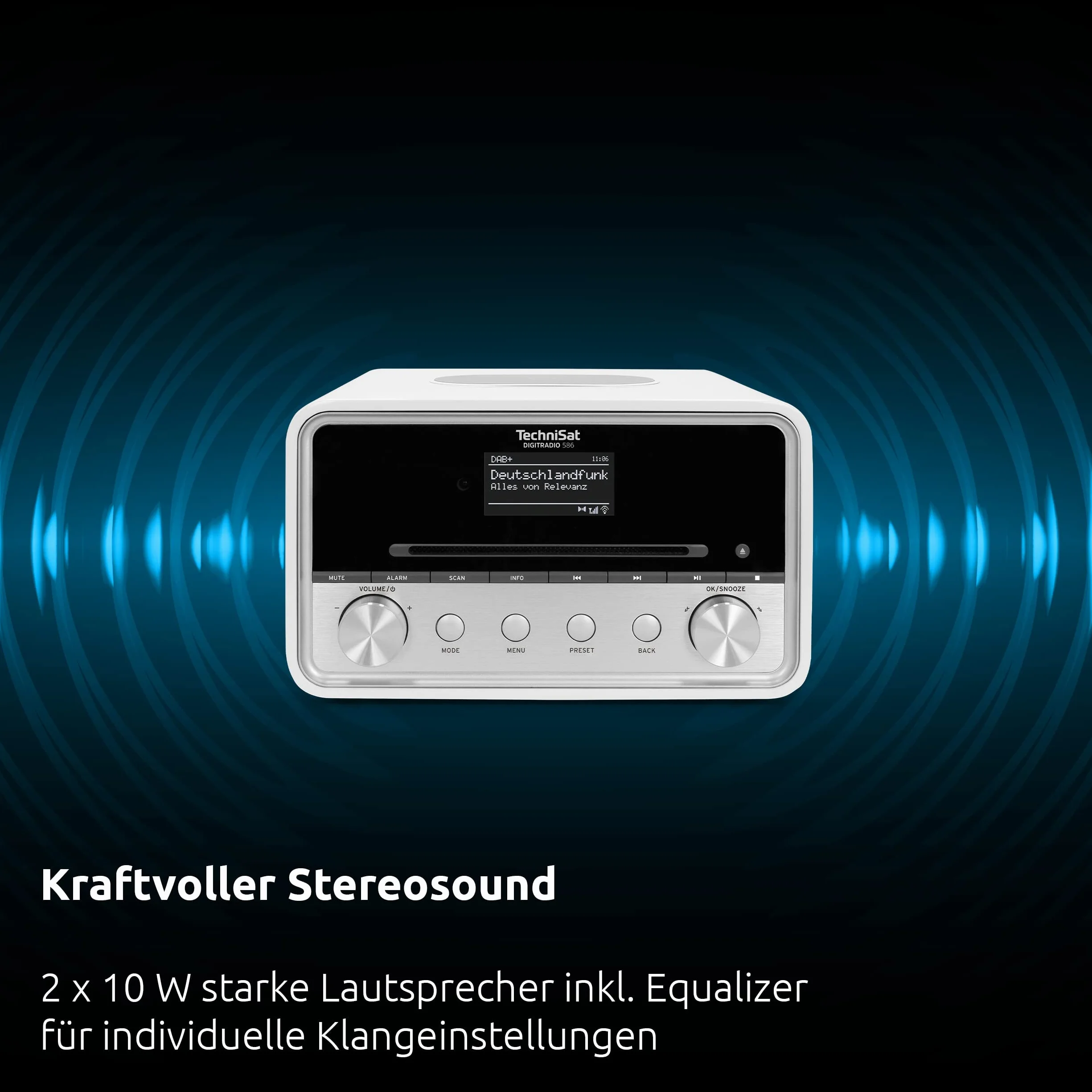 TechniSat DIGITRADIO 586 - hybrydowe radio DAB+ (radio internetowe, FM, Bluetooth, Spotify, ładowanie bezprzewodowe, sterowanie aplikacją, wyświetlacz OLED, USB, CD, MP3, AUX, 20 W, pilot) biały