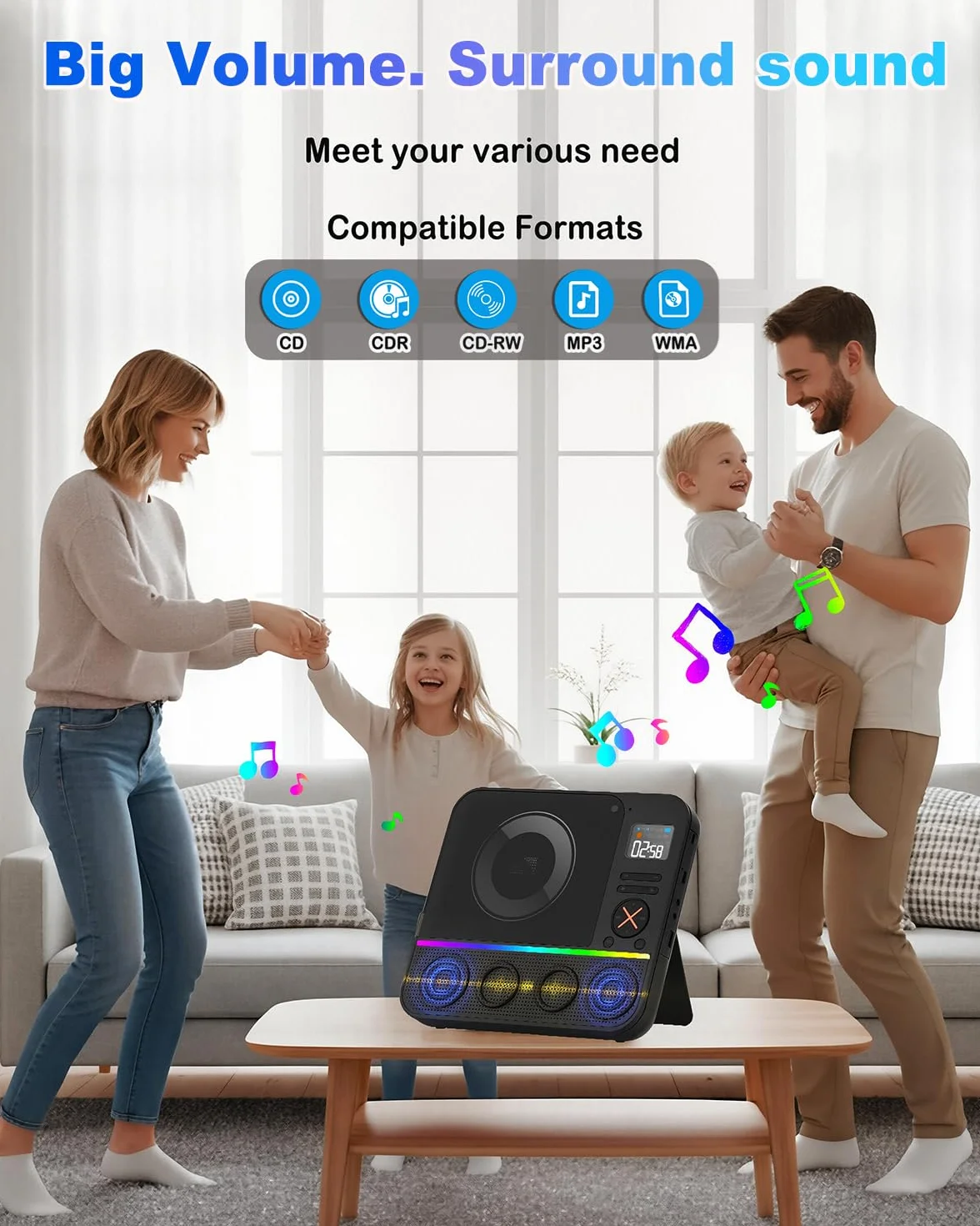 Przenośny odtwarzacz CD Bluetooth, Boombox, stacjonarny odtwarzacz CD z radiem FM Bluetooth i wyświetlaczem LED RGB z podwójnym wbudowanym głośnikiem, kompatybilny z USB/AUX do domowych przenośnych