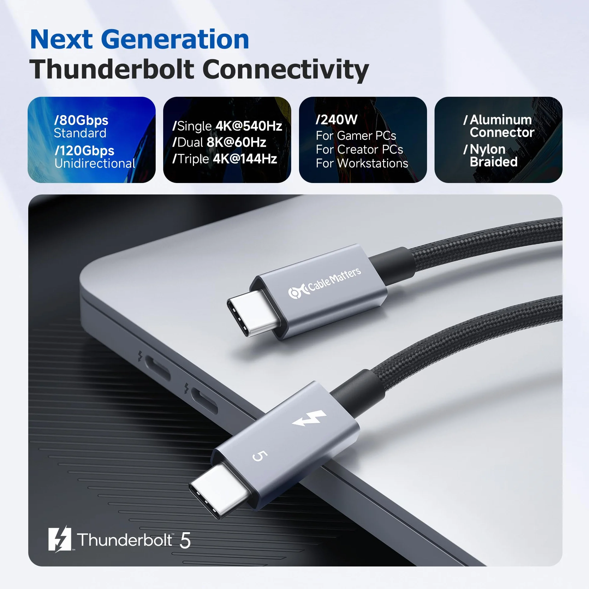 Cable Matters Certyfikat Intel: pleciony kabel Thunderbolt 5 80 Gb/s ze zwiększeniem przepustowości do 120 Gb/s i ładowaniem 240 W w kolorze czarnym – 1 m, kompatybilny z Thunderbolt 4/3, USB4 i USB-C