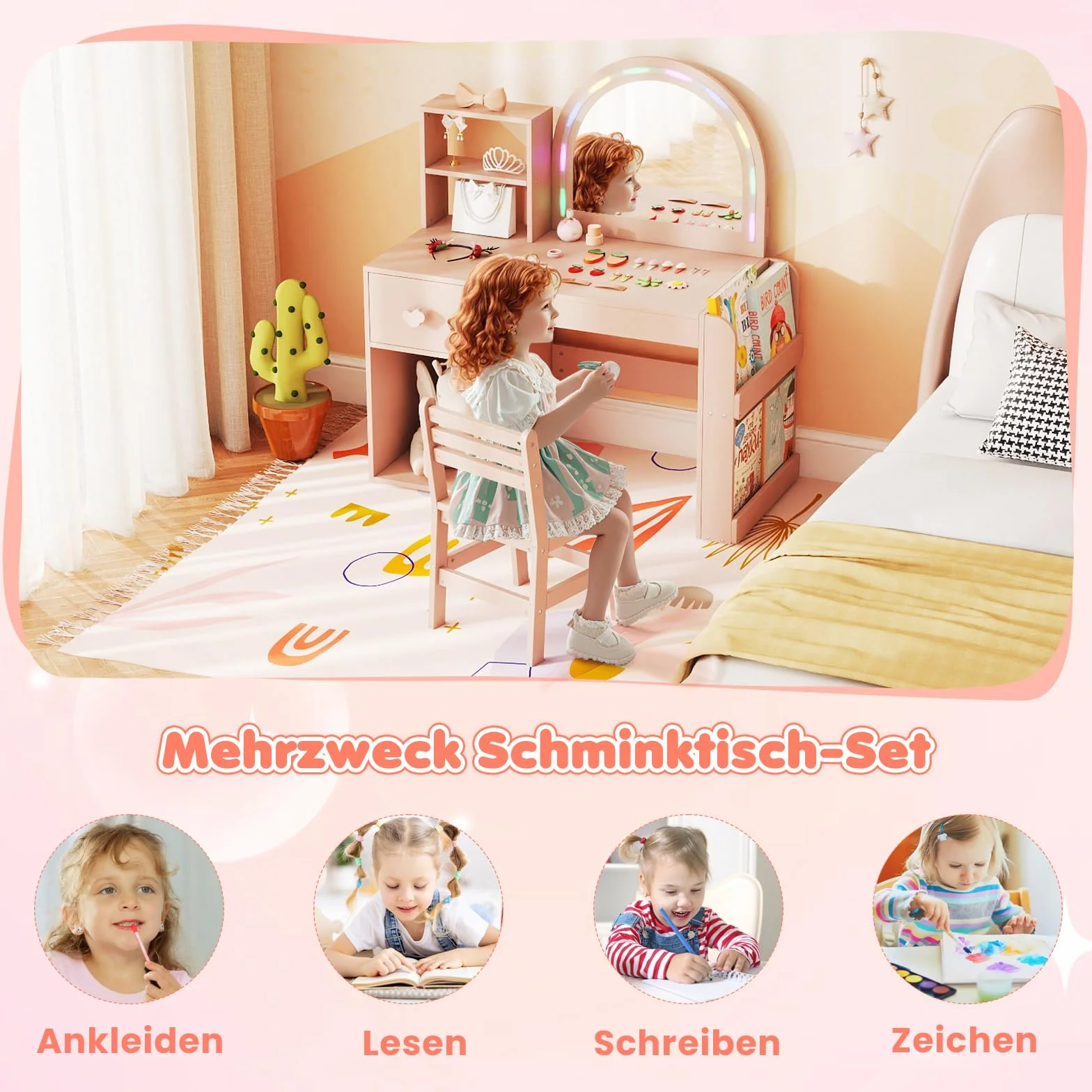 COSTWAY Toaletka dla dzieci 2 w 1 z oświetleniem, drewniana, różowa