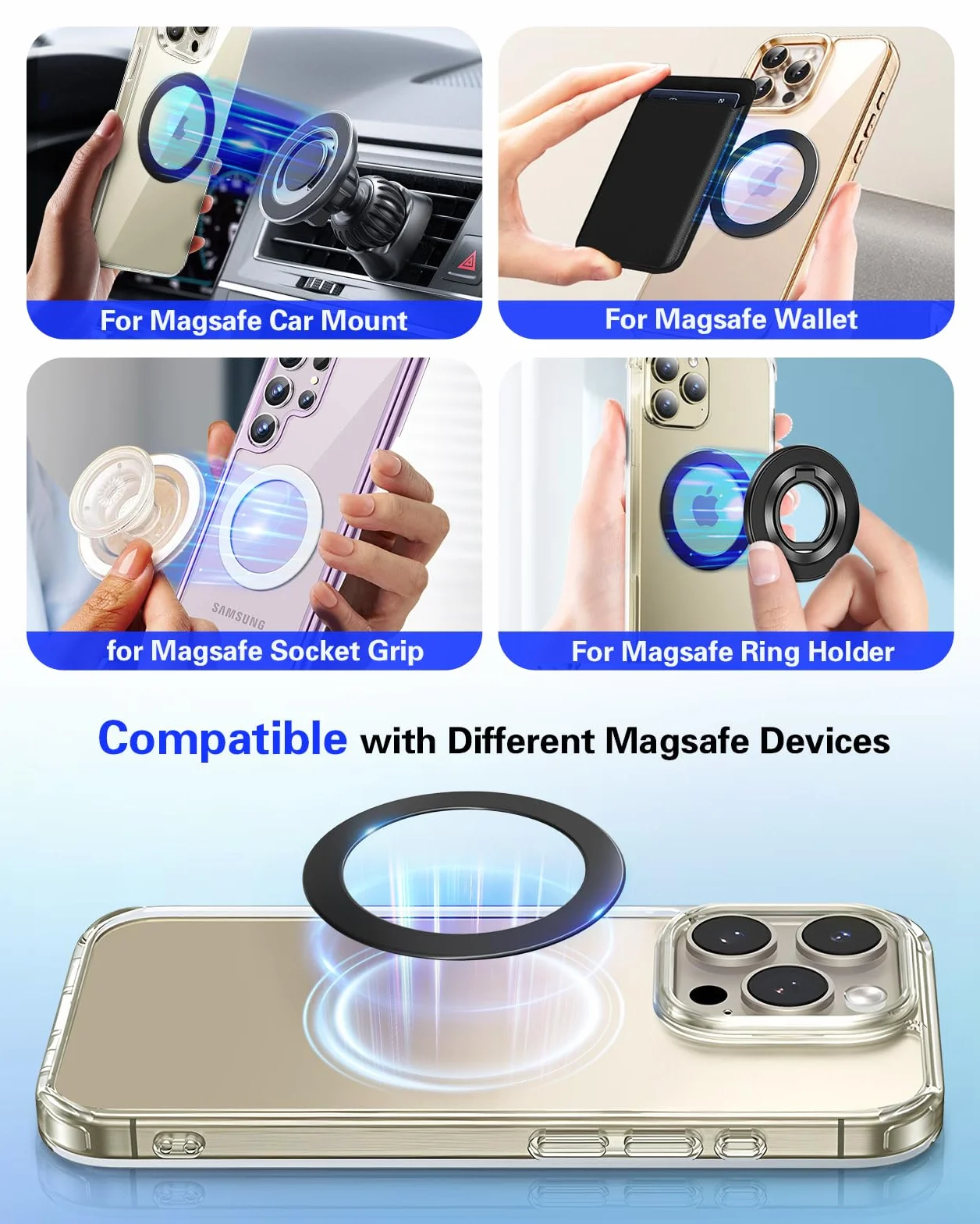 4 szt. pierścień magsfe volport for Magsafe Ring Sticker, Extra Strong Universal Ultra Thin (0.3mm) Magnetic Metal Ring Adapter with Super Strong 3M Adhesive Backing for MagSafe Accessories