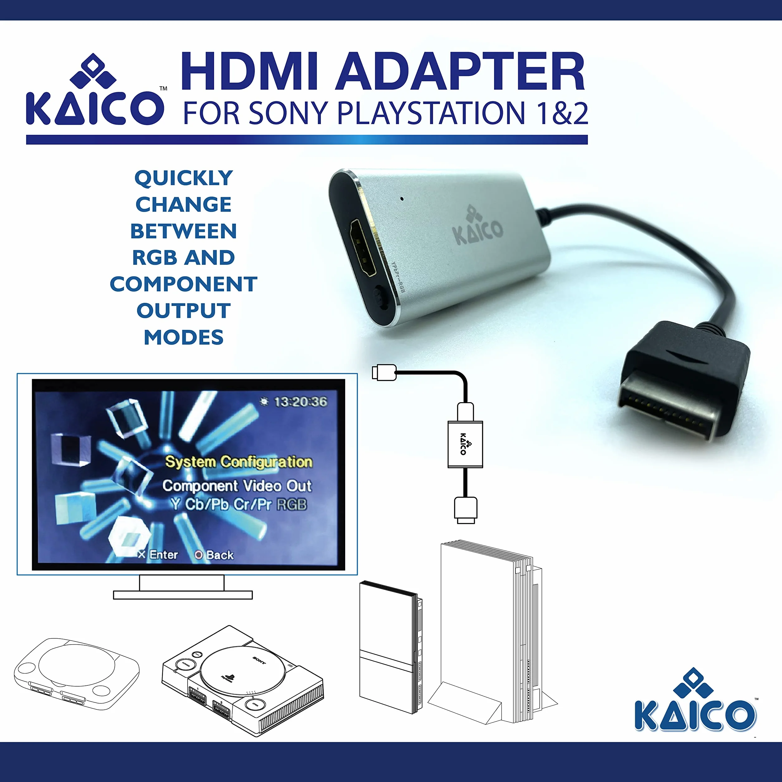 Kaico PS1 HDMI Adapter/PS2 HDMI Adapter compatible with all Sony Playstation 2 Models- Built in switch to swap between RGB or Component- PS1 & PS2 to HDMI converter for any HDTV