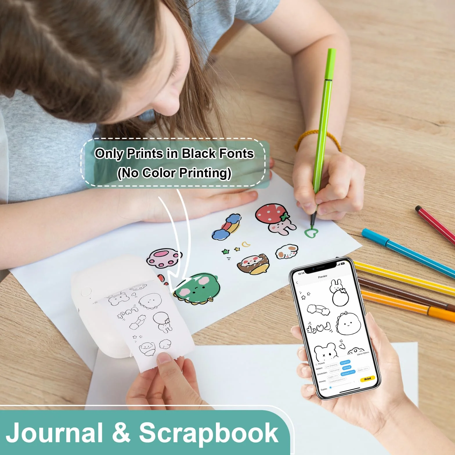 Mini drukarka, mobilna drukarka fotograficzna, przenośna mini drukarka fotograficzna, bezprzewodowa drukarka fotograficzna, 10 rolek papieru do drukarki i 5 kredek, smartfon, drukarka