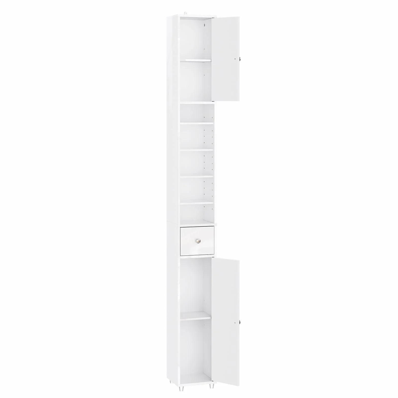 SoBuy Wysoka szafka łazienkowa z 5 półkami, regał łazienkowy z 1 szufladą i drzwiami, meble łazienkowe, wysoki połysk, biała, szer. x wys. x gł.: ok. 20 x 180 x 20 cm, BZR167-GW
