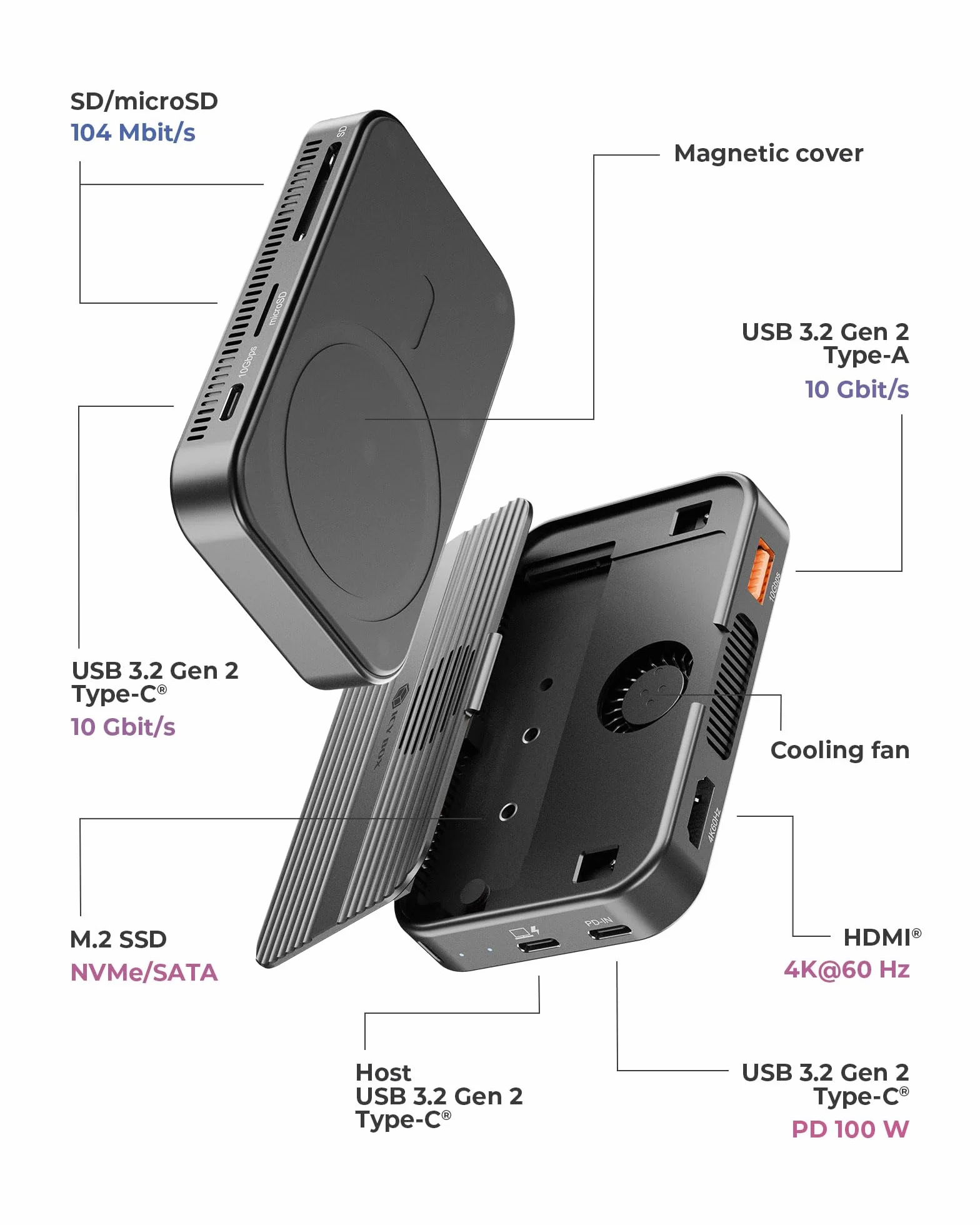 ICY Box USB-C DockingStation M.2 SSD/NVMe i SATA Obudowa USB 3.2 (10 GB/s) bez narzędzia HDMI 4K Power Delivery czytnik kart 100 W Zewnętrzna wtyczka & Play Czarny IB-DK4071M-CU31