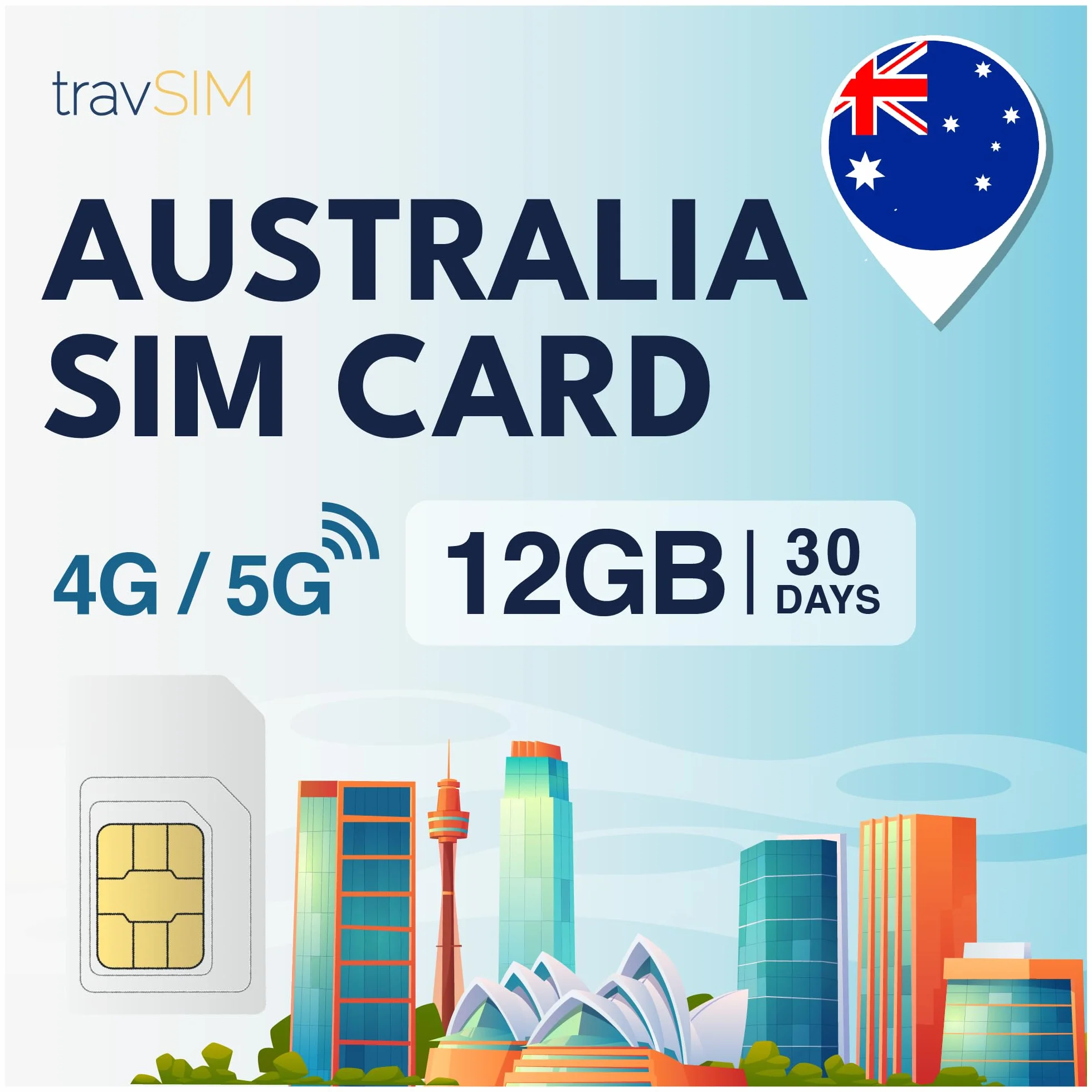 travSIM - Karta SIM Australia | 12 GB danych mobilnych z prędkością 4G/5G | Bezpłatny roaming w Nowej Zelandii | Działa na urządzeniach z systemem iOS i Android | Plan na karcie SIM dla Australii jest ważny przez 30 dni